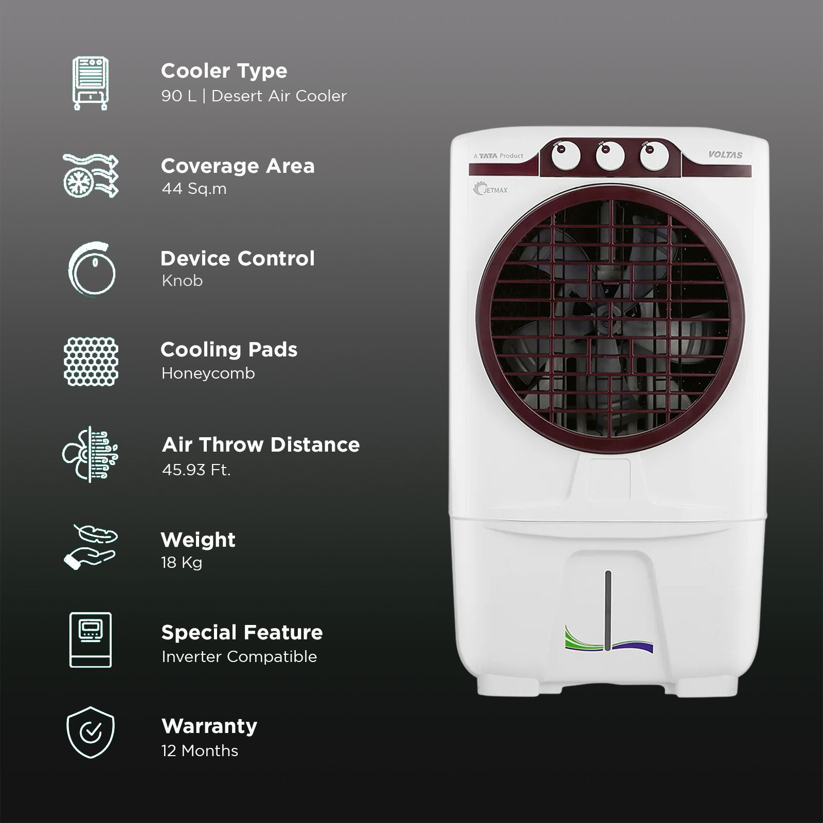 VOLTAS JetMax 90 Litres Desert Air Cooler with Smart Humidity Control (Dust Filter, White)_3