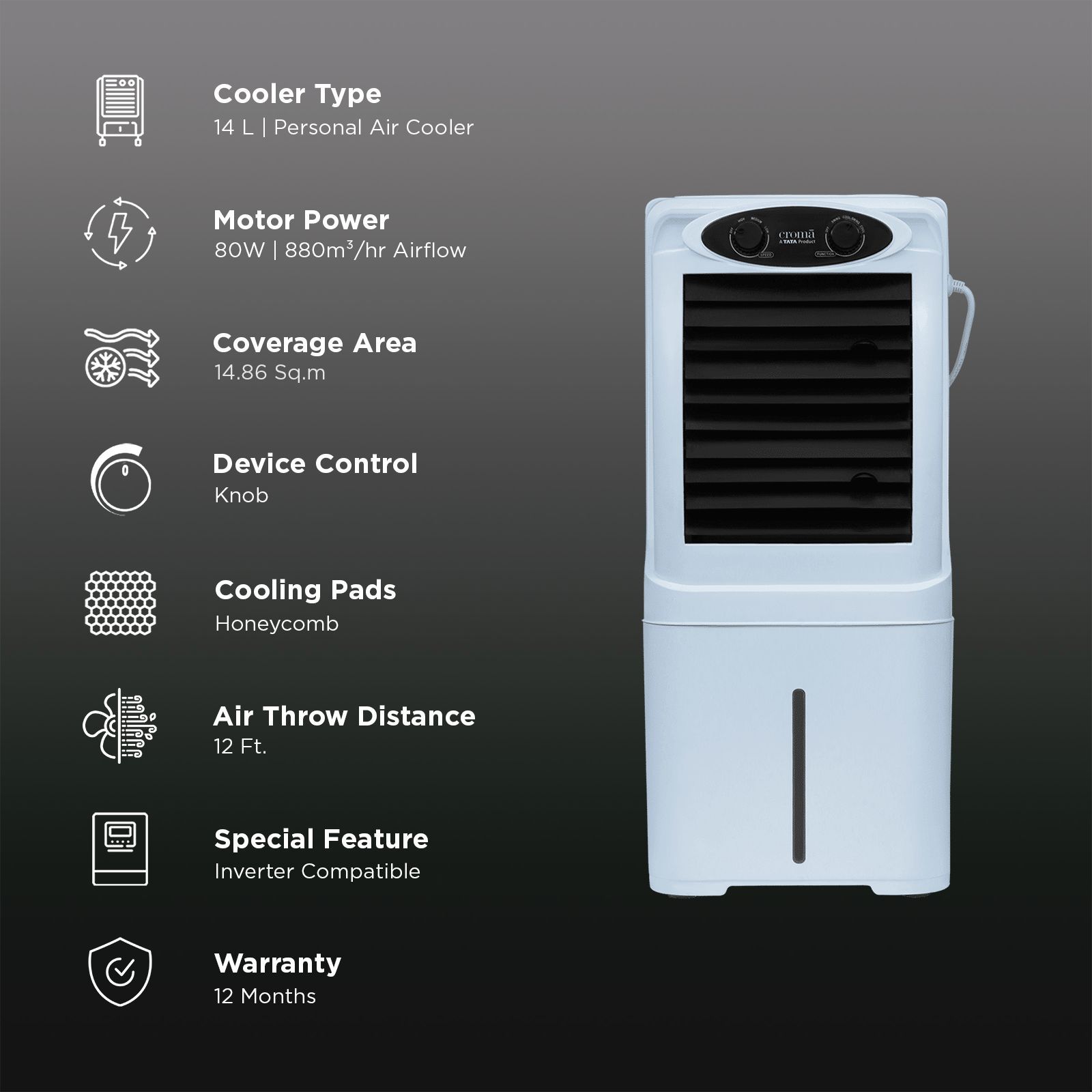 Croma 14 Litres Personal Table Air Cooler with Inverter Compatible (Anti Bacterial Honeycomb Pads, White)_3