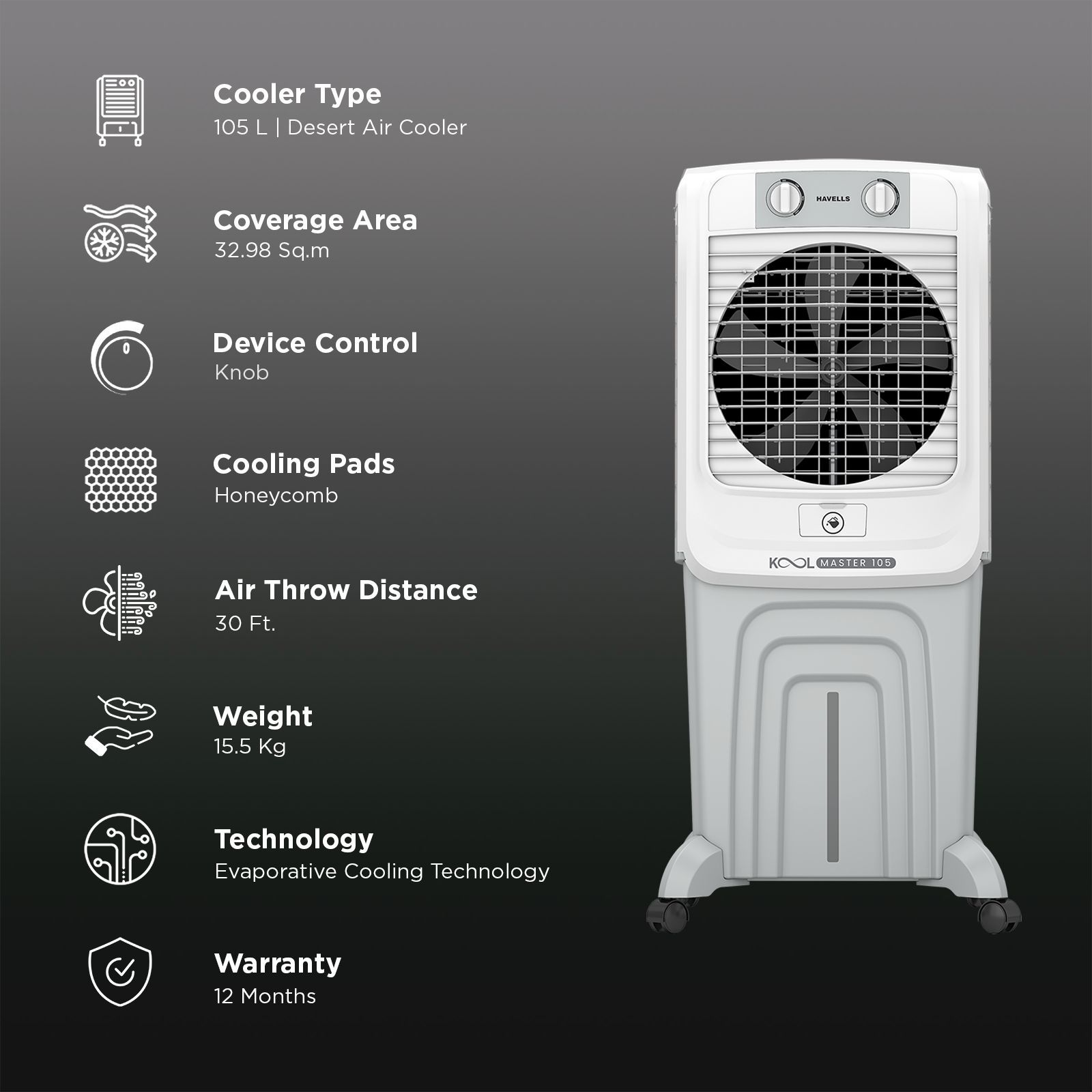 Havells KoolMaster 105 Litres Desert Air Cooler with Bacteria Shield Honeycomb Cooling Pad Technology (Dual Flow Technology, White&Grey) Havells KoolMaster 105 Litres Desert Air Cooler with Bacteria Shield Honeycomb Cooling Pad Technology (Dual Flow Technology, White&Grey)_3