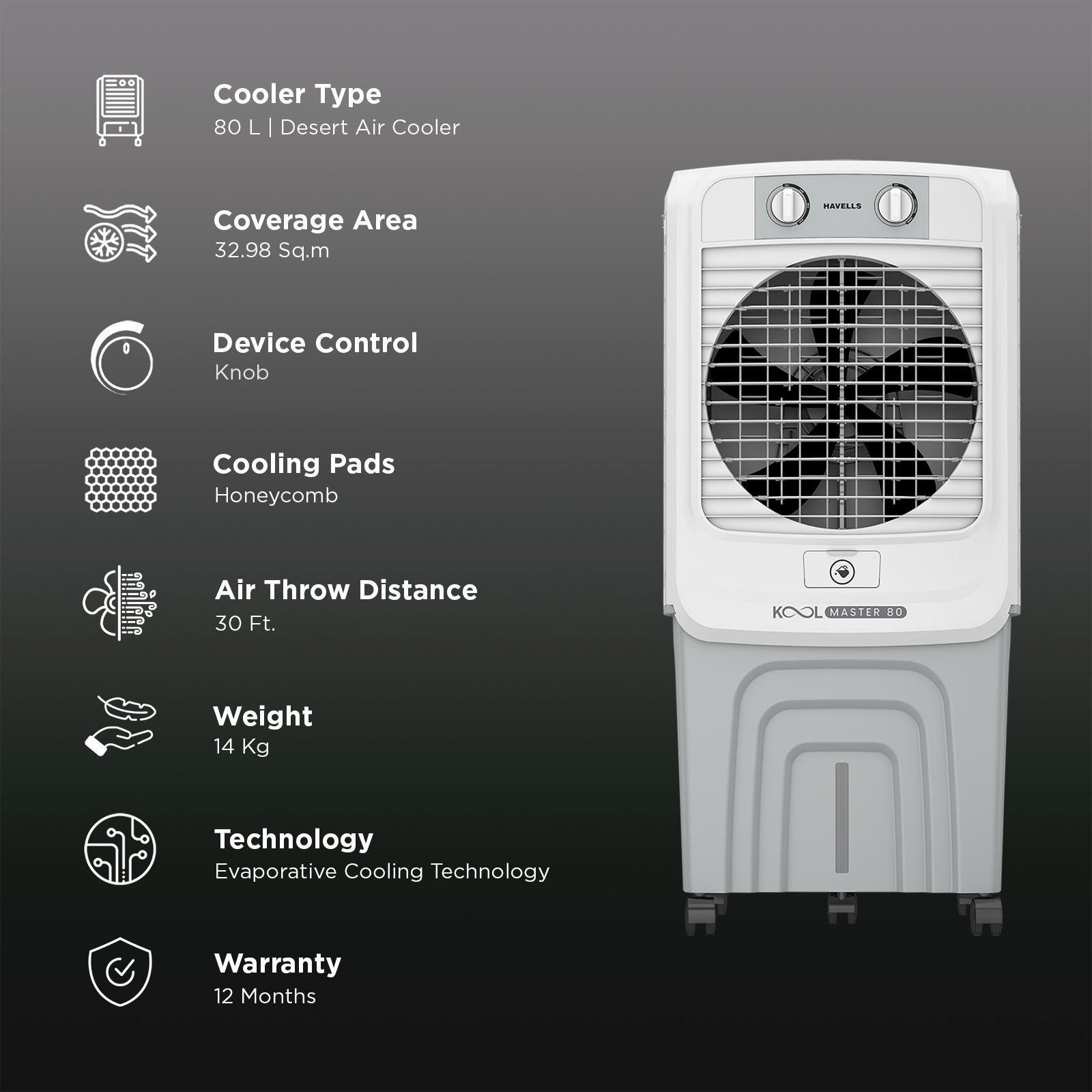 Havells KoolMaster 80 Litres Desert Air Cooler with Bacteria Shield Honeycomb Cooling Pad Technology (Dual Flow Technology, White & Grey) Havells KoolMaster 80 Litres Desert Air Cooler with Bacteria Shield Honeycomb Cooling Pad Technology (Dual Flow Technology, White & Grey)_3