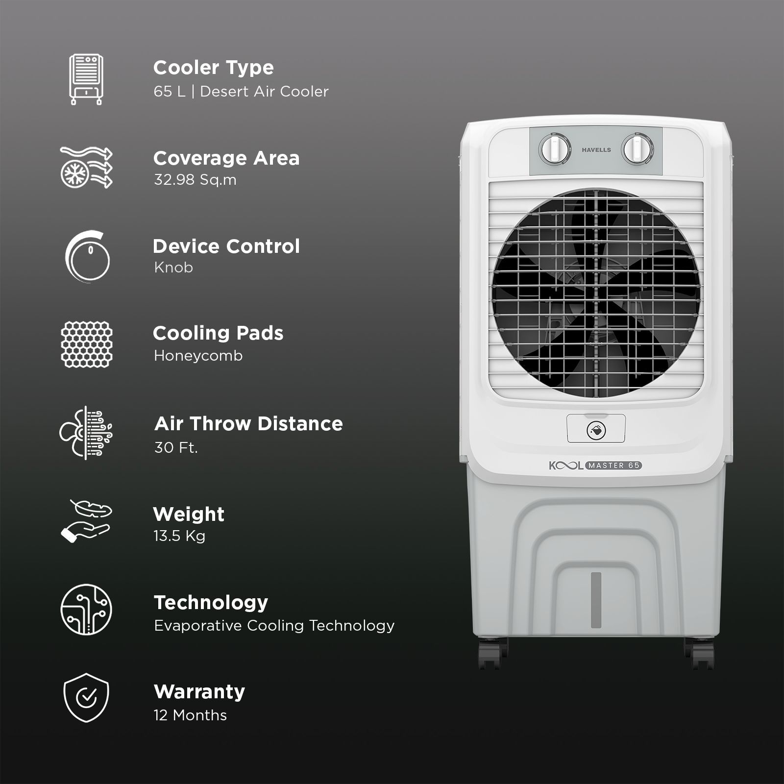 Havells KoolMaster 65 Litres Desert Air Cooler with Bacteria Shield Honeycomb Cooling Pad Technology (Dual Flow Technology, White & Grey) Havells KoolMaster 65 Litres Desert Air Cooler with Bacteria Shield Honeycomb Cooling Pad Technology (Dual Flow Technology, White & Grey)_3