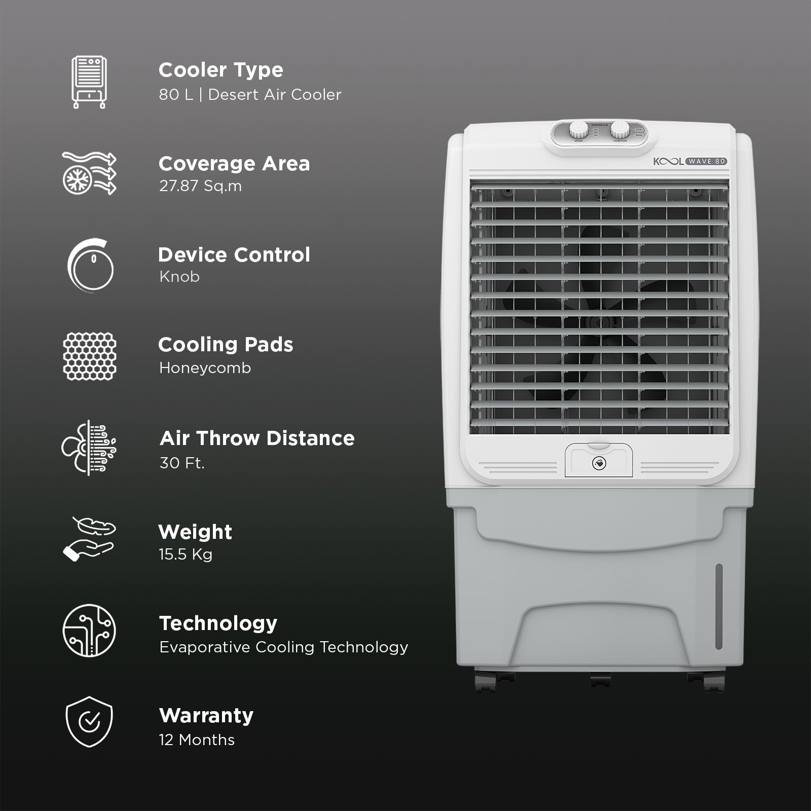 Havells KoolWave 80 Litres Desert Air Cooler with Bacteria Shield Honeycomb Cooling Pad Technology (Dual Flow Technology, White & Grey) Havells KoolWave 80 Litres Desert Air Cooler with Bacteria Shield Honeycomb Cooling Pad Technology (Dual Flow Technology, White & Grey)_3