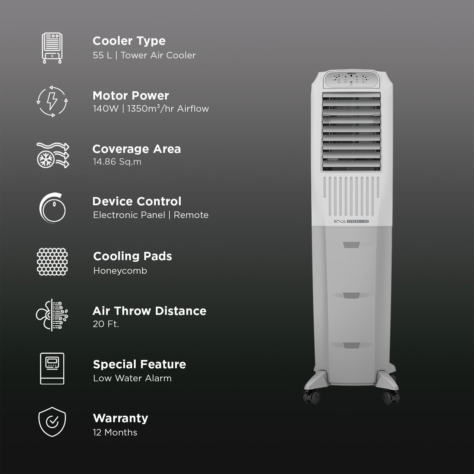 Havells Koolxpress i 55 Litres Tower Air Cooler with Low Water Alarm (Dual Flow Technology, White & Grey) Havells Koolxpress i 55 Litres Tower Air Cooler with Low Water Alarm (Dual Flow Technology, White & Grey)_3