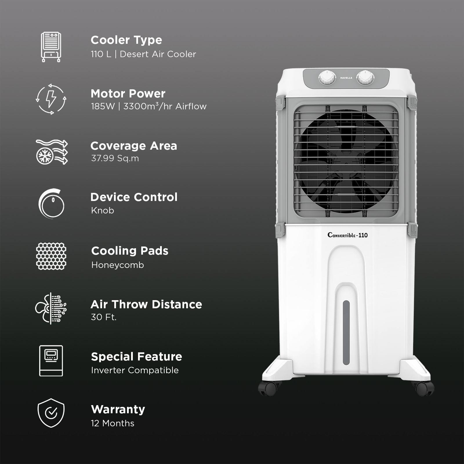 Havells Convertible 110 Litres Desert Air Cooler with Dual Flow Technology (Metal Blade Fan, White & Grey)_2