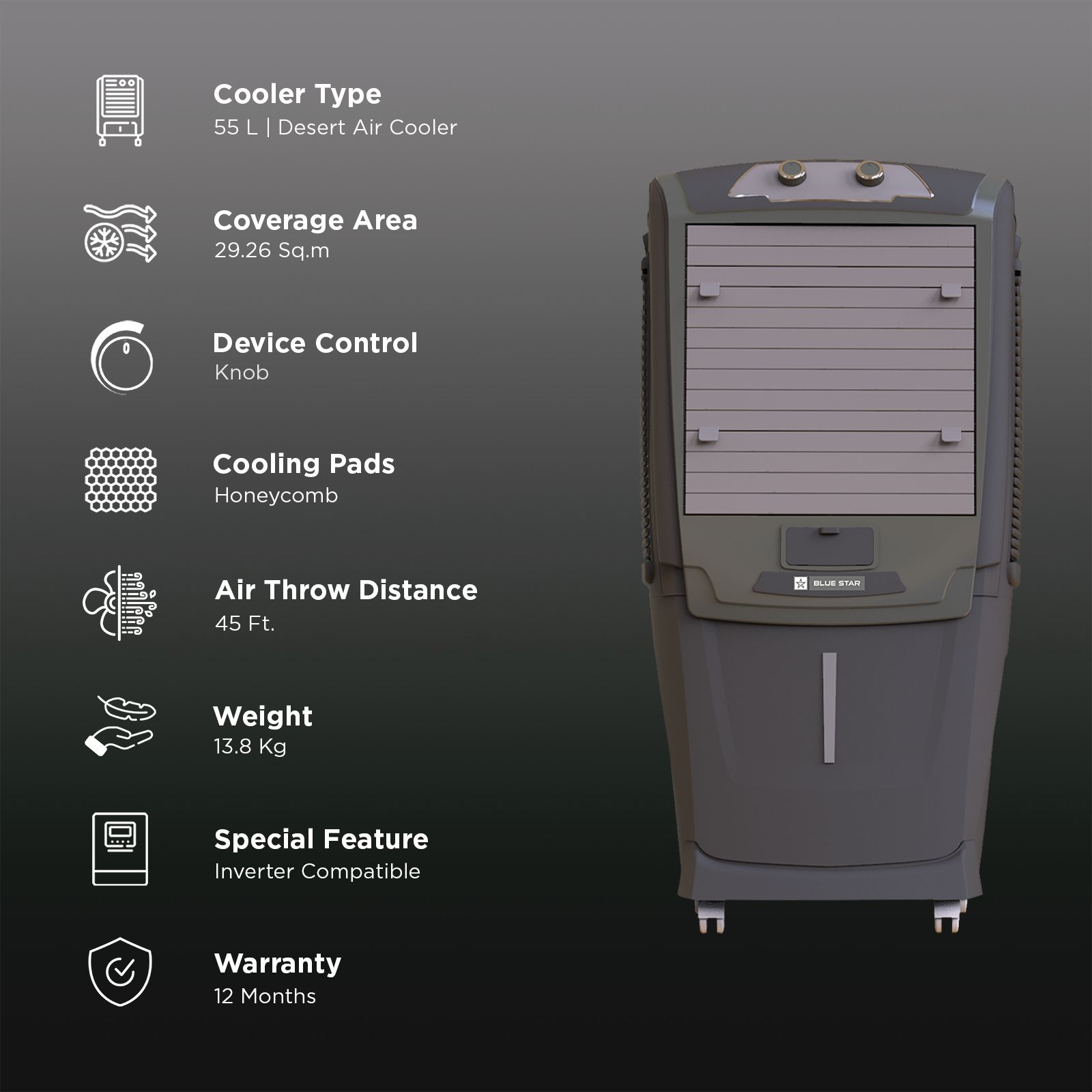 Blue Star Aura Neo 55 Litres Desert Air Cooler with Anti-Microbial Properties (Thermal Overload Protection, Grey) Blue Star Aura Neo 55 Litres Desert Air Cooler with Anti-Microbial Properties (Thermal Overload Protection, Grey)_3