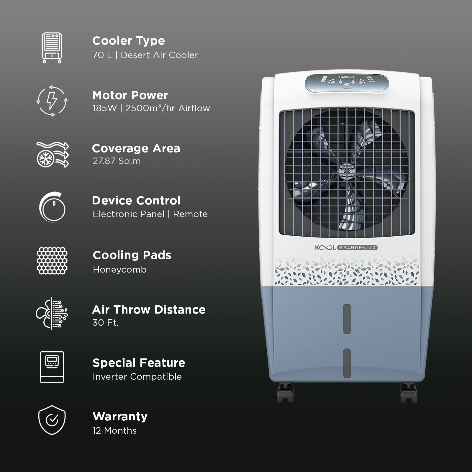 Havells KoolGrande-i 70 Litres Desert Air Cooler with Low Water Alarm (Dual Flow Technology, White & Grey)_3