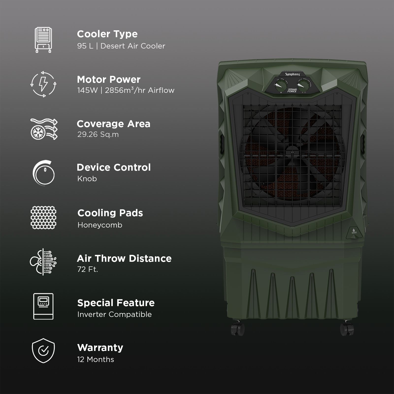 Symphony Air Force 95 Litres Desert Air Cooler with Auto Louver Movement (Inverter Compatible, Militry Green)_2
