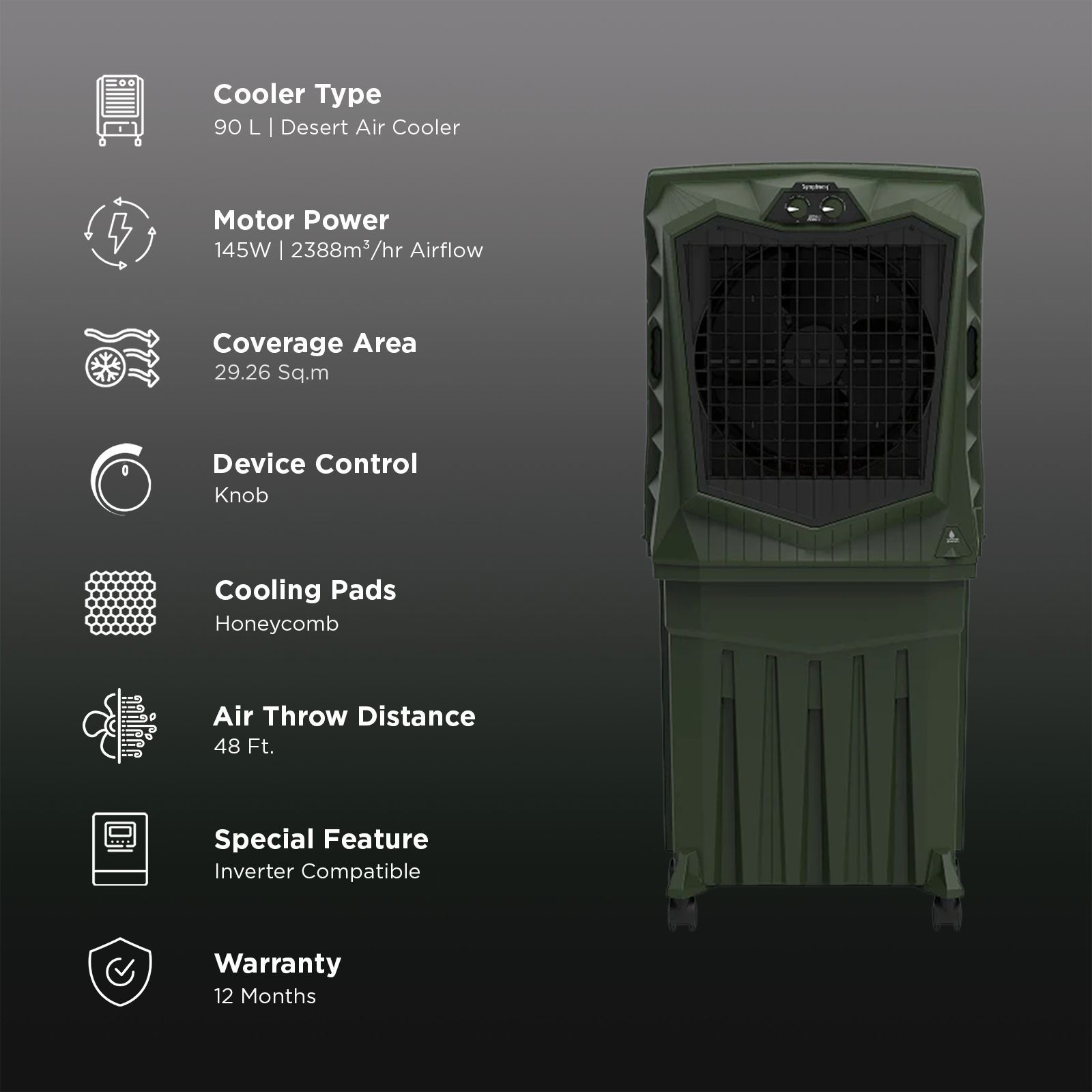 Symphony Air Force 90 Litres Desert Air Cooler with Auto Louver Movement (Inverter Compatible, Militry Green)_3