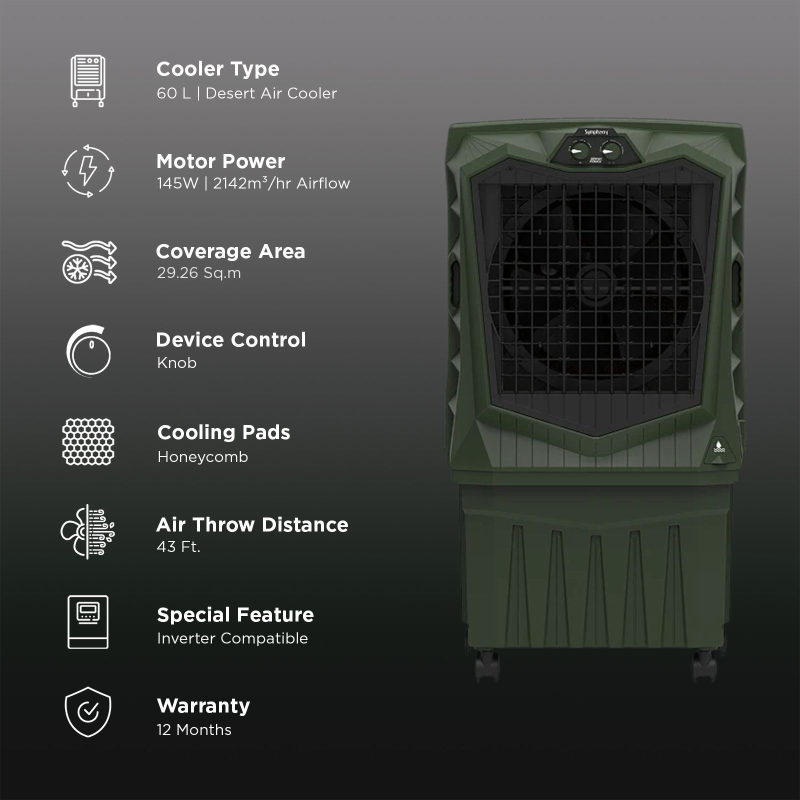 Symphony Air Force 60 Litres Desert Air Cooler with Auto Louver Movement (Inverter Compatible, Militry Green)_2