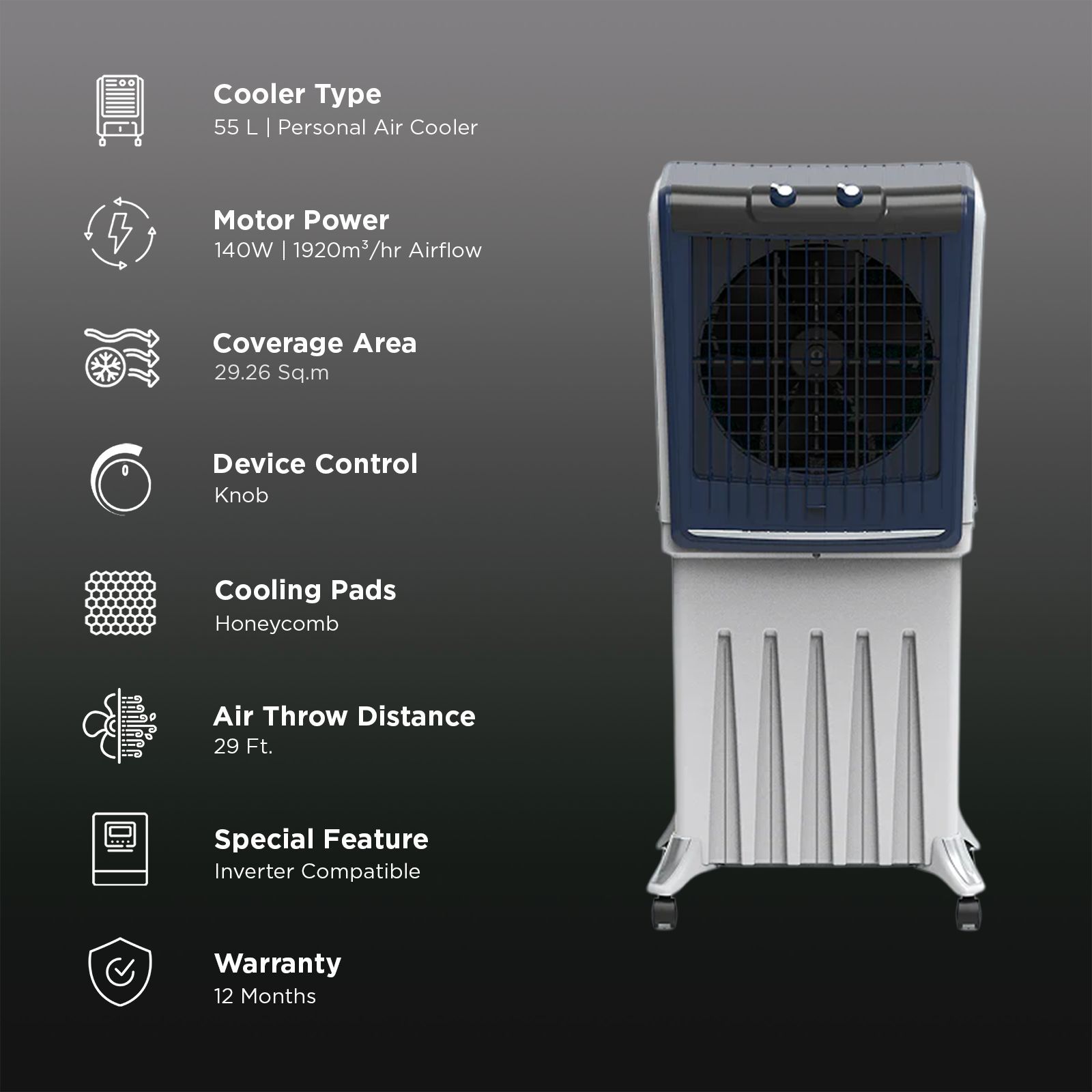 Symphony Silenzo 55 Litres Personal Air Cooler with Auto Louver Movement (Inverter Compatible, White & Blue)_3