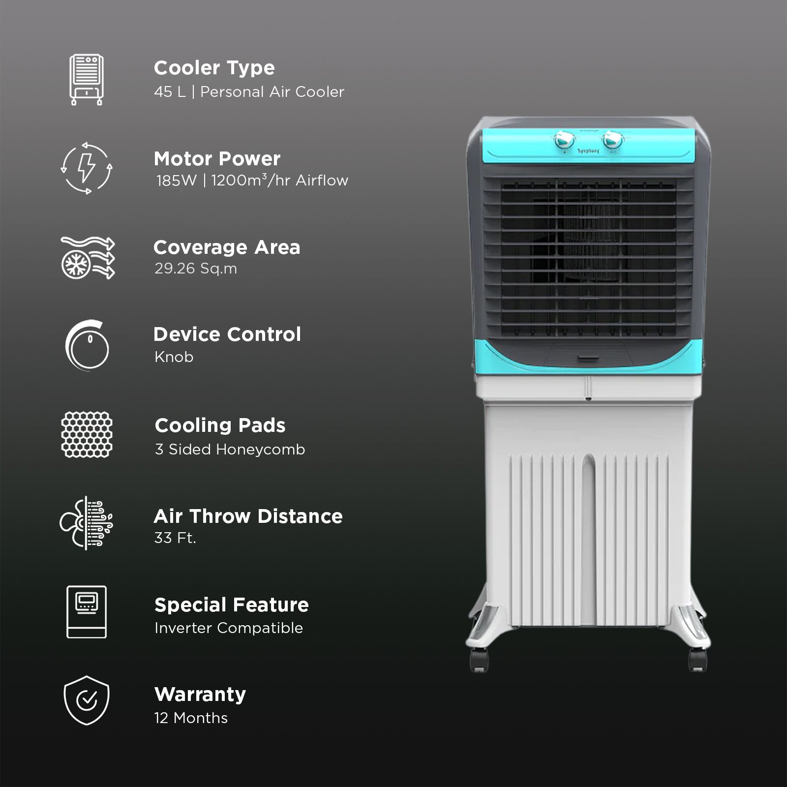 Symphony Maxwind 55 45 Litres Personal Air Cooler with Auto Louver Movement (Inverter Compatible, White & Grey)_3