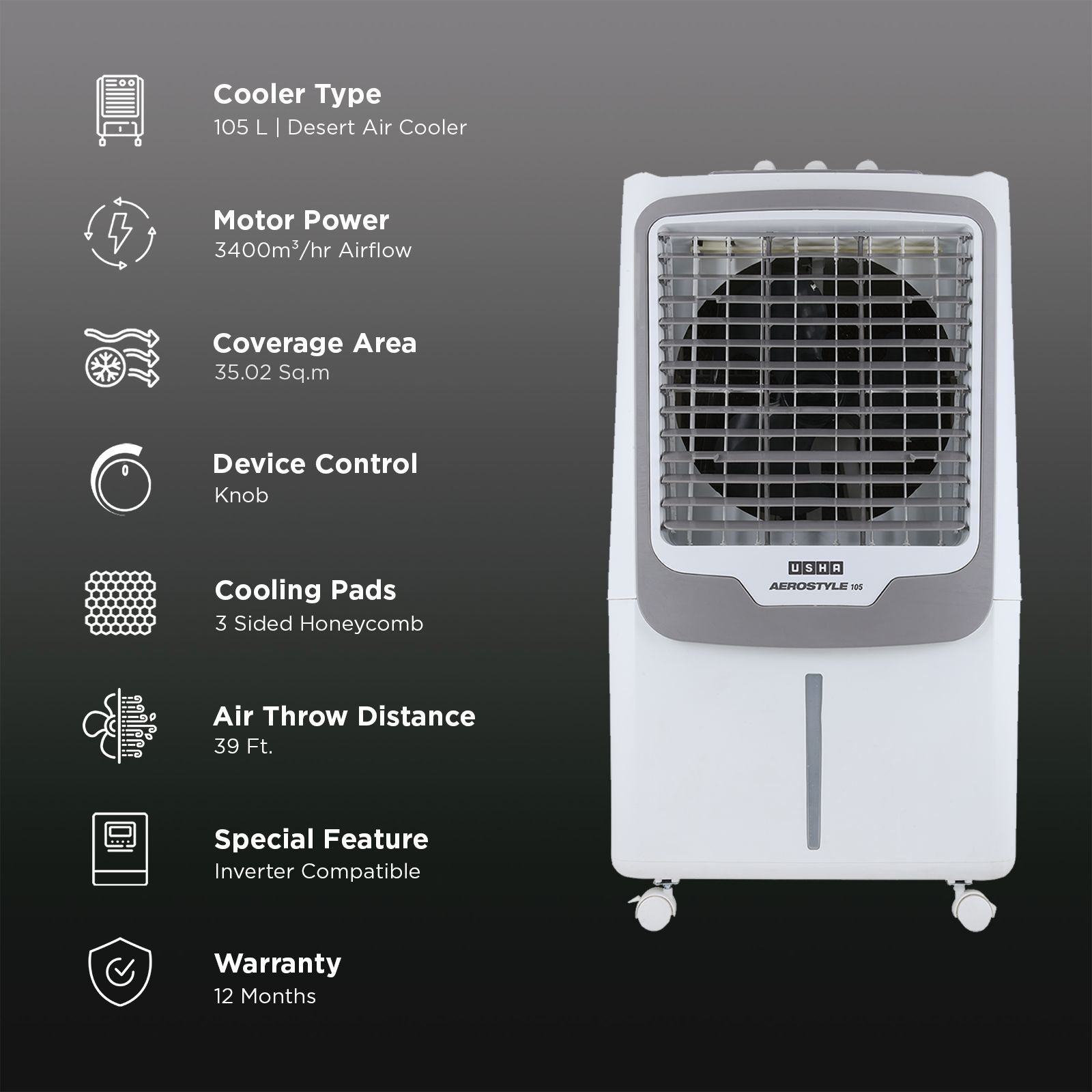 Usha AERO STYLE 105ASD1 105 Litres Desert Air Cooler with Shower Distribution Channel (Adjustable Water Flow, White & Grey)_3