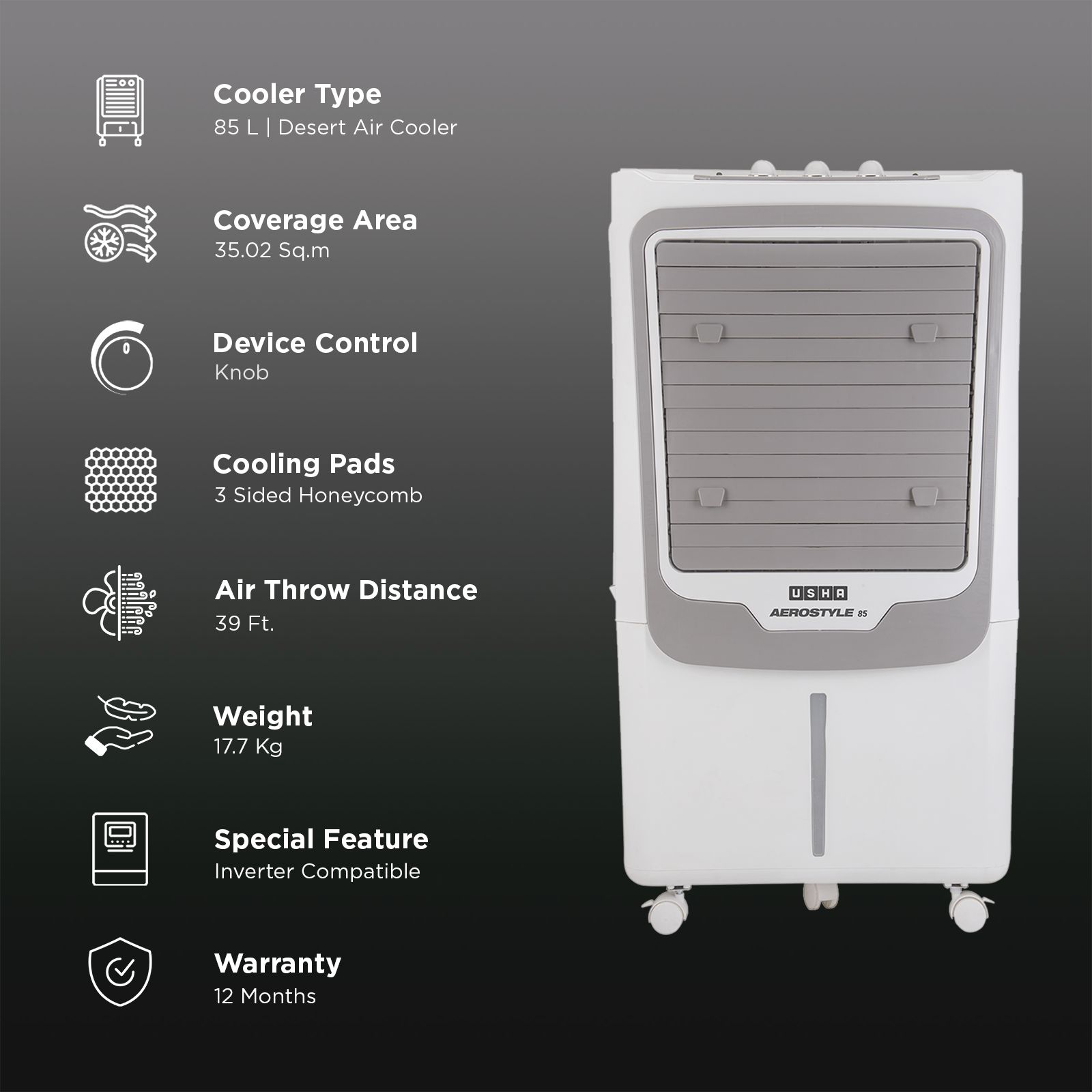 Usha AERO STYLE 85ASD1 85 Litres Desert Air Cooler with Shower Distribution Channel (Adjustable Water Flow, White & Grey) Usha AERO STYLE 85ASD1 85 Litres Desert Air Cooler with Shower Distribution Channel (Adjustable Water Flow, White & Grey)_3