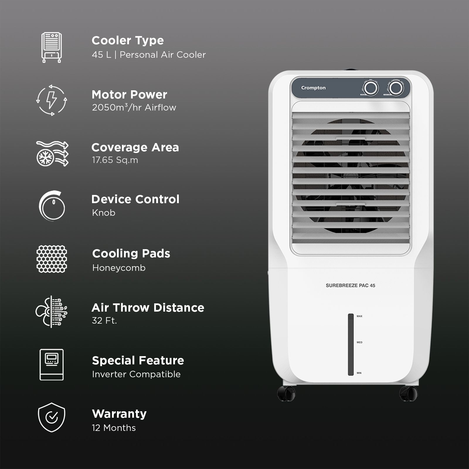 Crompton Sure Breeze 45 Litres Personal Air Cooler with Overload Protection (4 Way Air Deflection, White & Grey) Crompton Sure Breeze 45 Litres Personal Air Cooler with Overload Protection (4 Way Air Deflection, White & Grey)_3