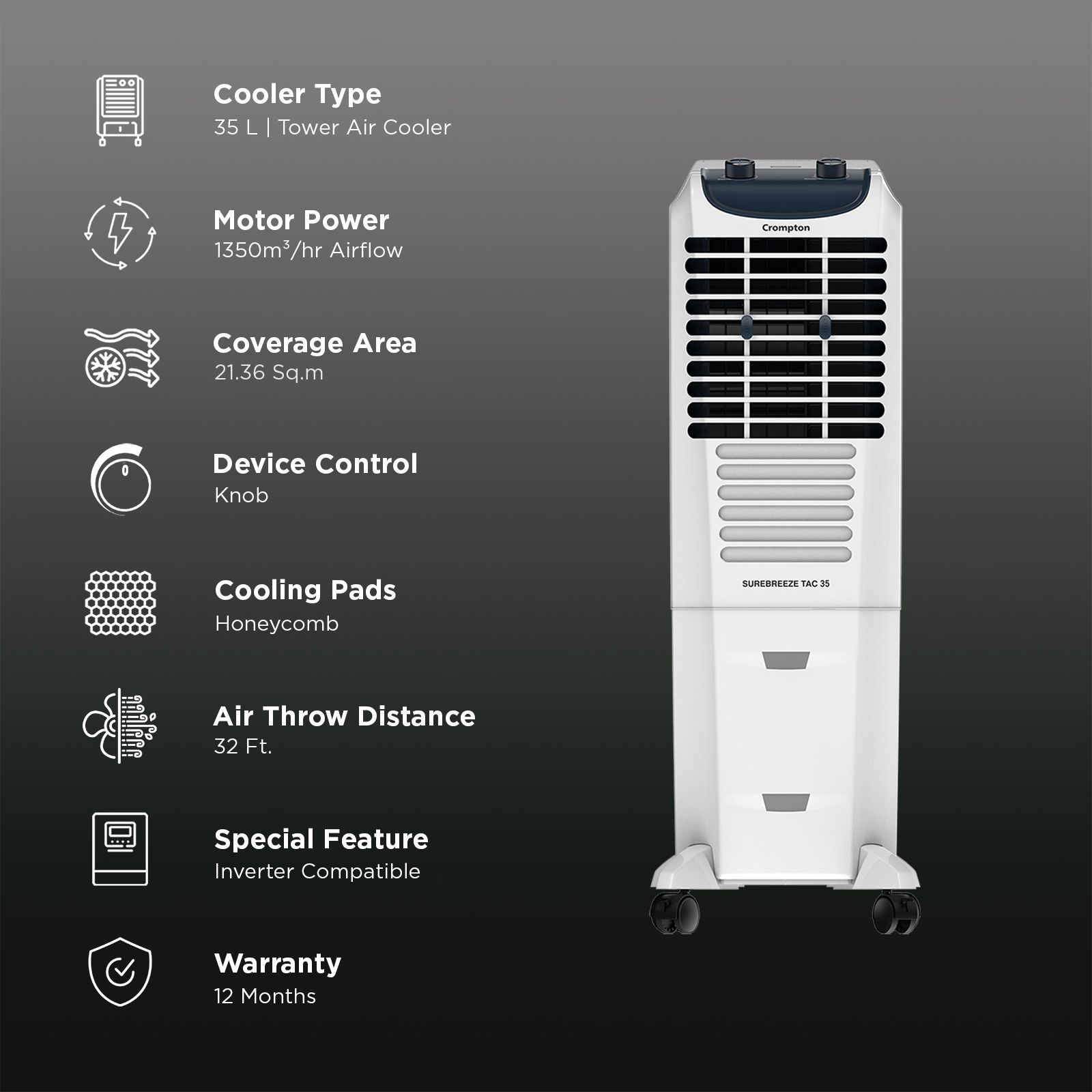 Crompton Sure Breeze 35 Litres Tower Air Cooler with Overload Protection (4 Way Air Deflection, White & Blue) Crompton Sure Breeze 35 Litres Tower Air Cooler with Overload Protection (4 Way Air Deflection, White & Blue)_3