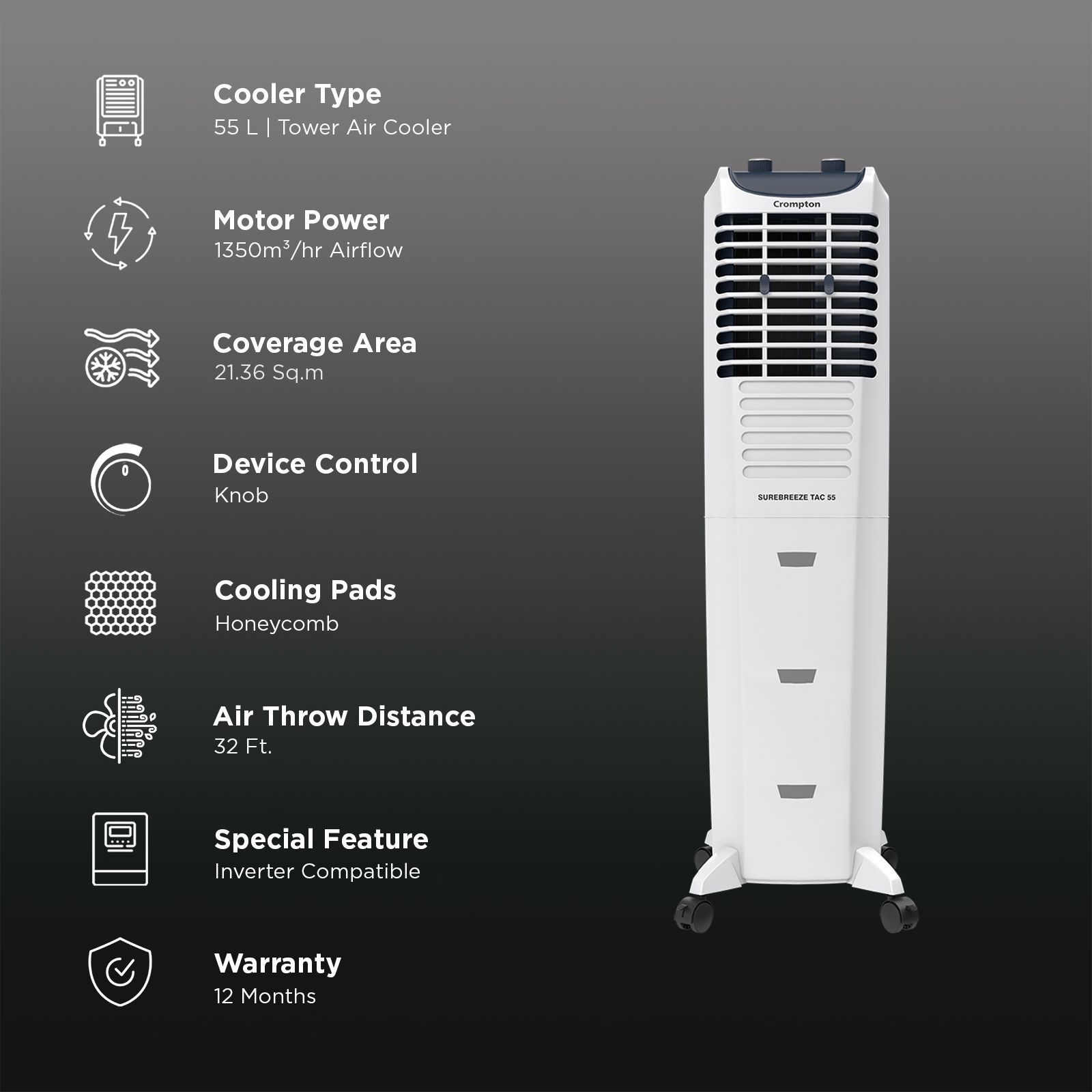 Crompton Sure Breeze 55 Litres Tower Air Cooler with Overload Protection (Ice Chamber, White & Blue)_3