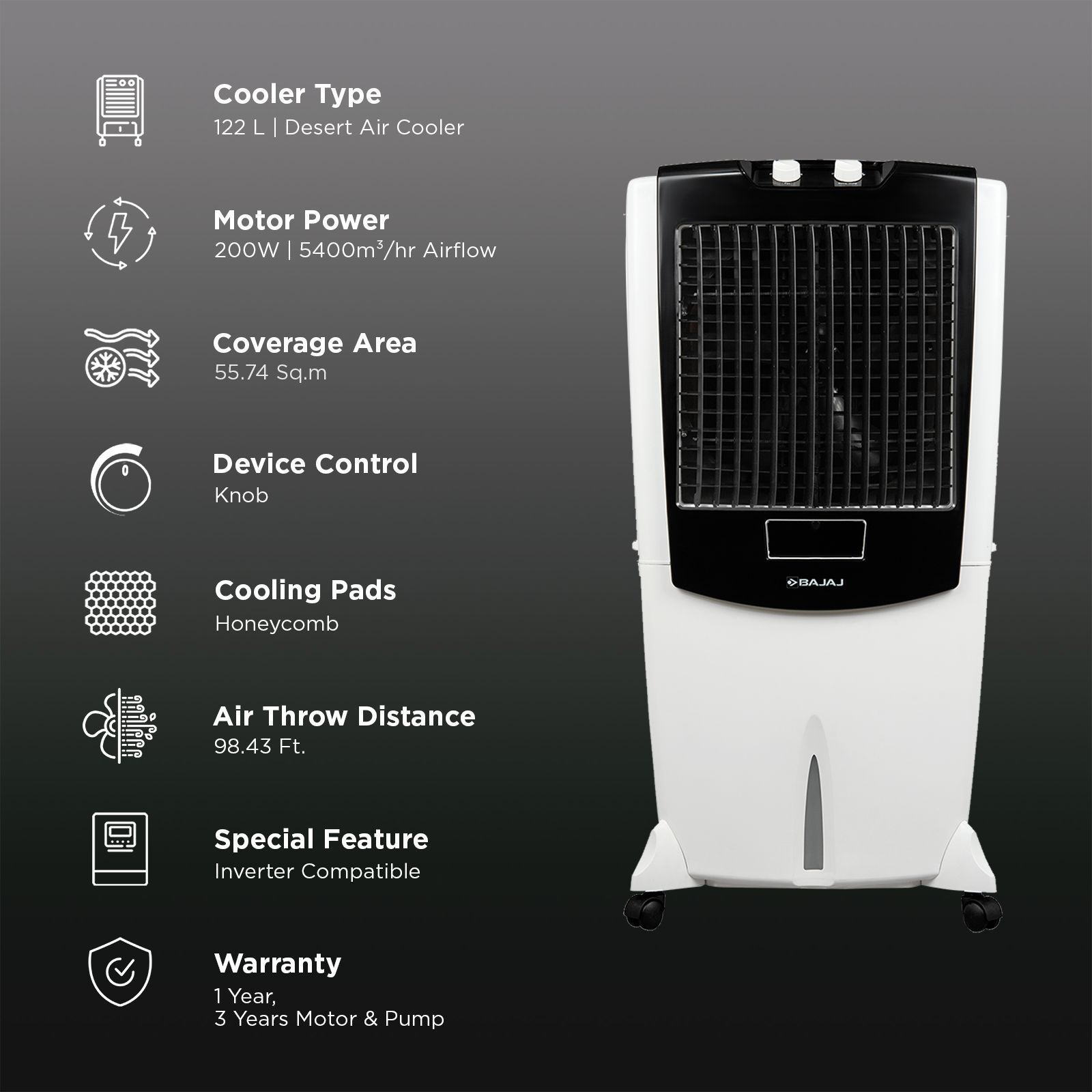 Bajaj Shield Series Mighty 122 Litres Desert Air Cooler with Turbo Fan Technology (Antibacterial Honeycomb Technology, White)_3
