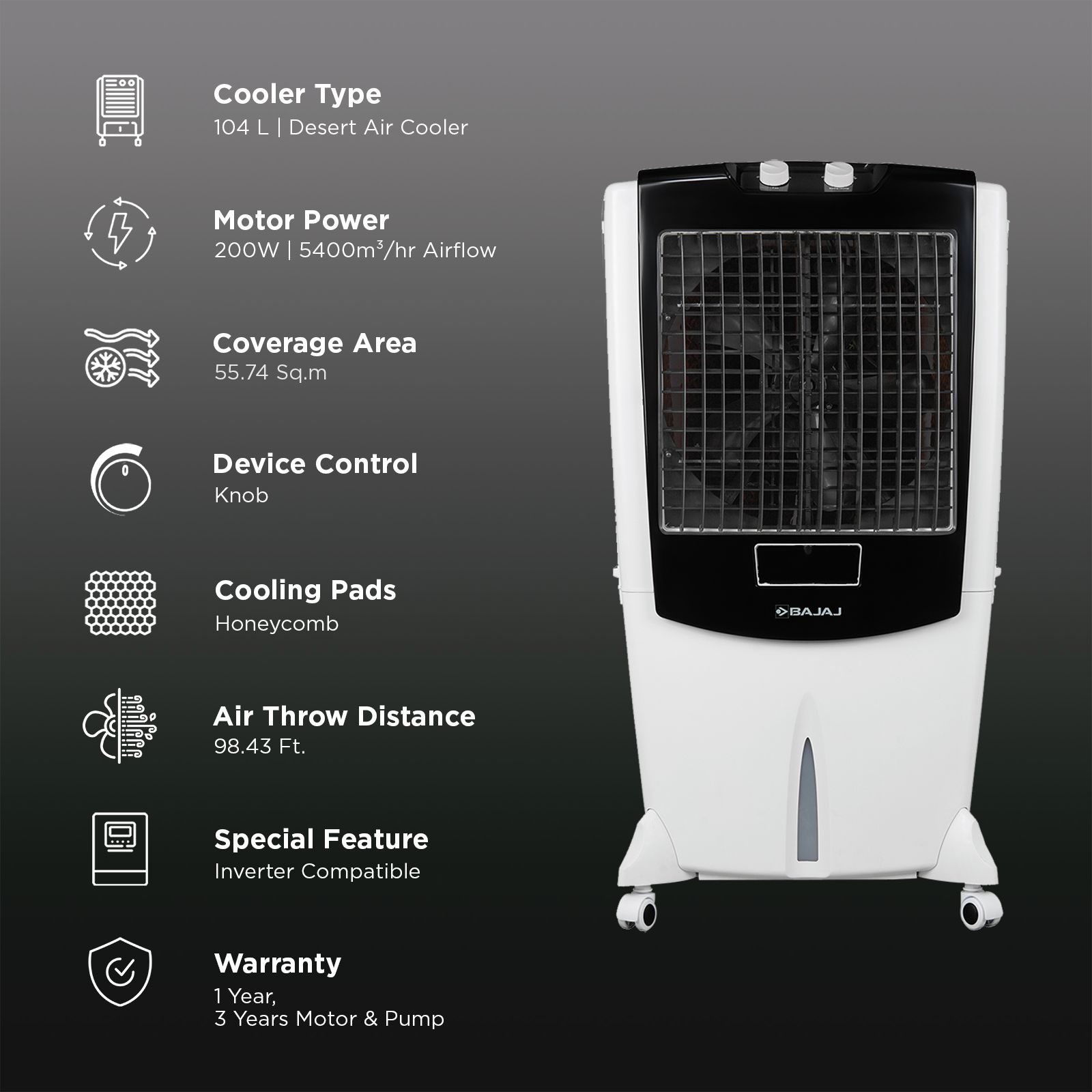 Bajaj Shield Series Mighty 104 Litres Desert Air Cooler with Turbo Fan Technology (Antibacterial Honeycomb Technology, White)_3
