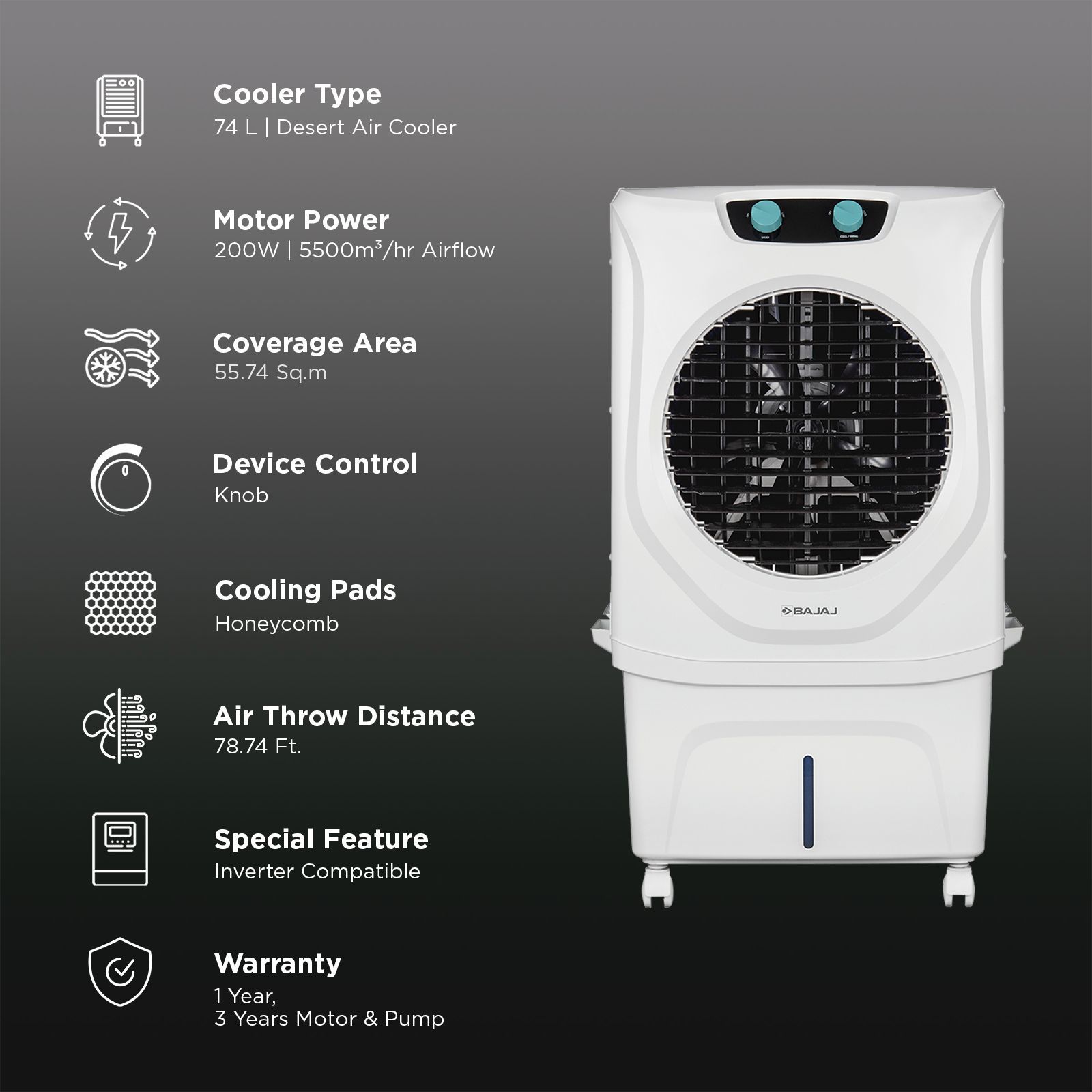 Bajaj Shield Series Chisel 74 Litres Desert Air Cooler with Turbo Fan Technology (4 Way Swing Deflection, White)_3