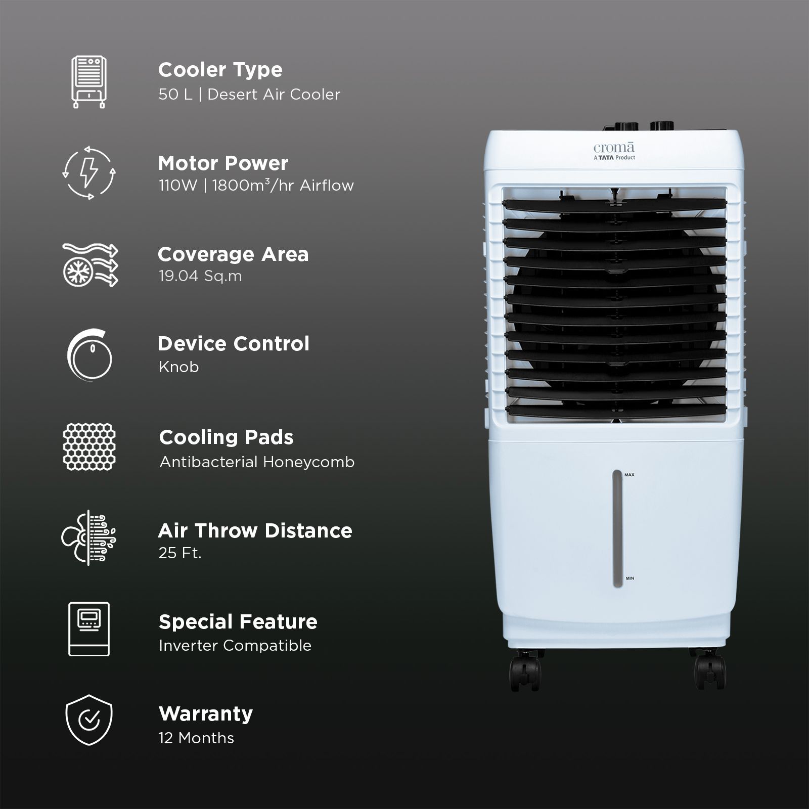 Croma 50 Litres Mini Desert Air Cooler with Ice Chamber (Antibacterial Honeycomb Pads, White) Croma 50 Litres Mini Desert Air Cooler with Ice Chamber (Antibacterial Honeycomb Pads, White)_2