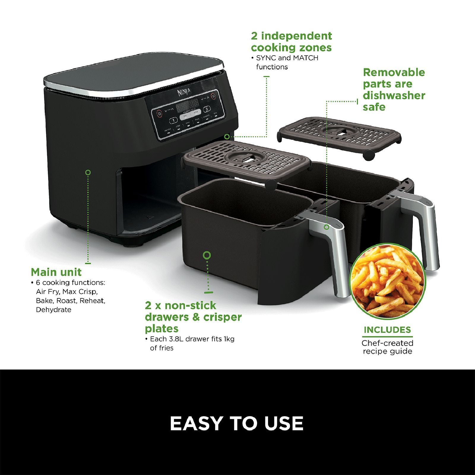 Ninja Foodi DualZone 7.6L 2470 Watt Digital Air Fryer with Max Crisp Technology (Black)_7