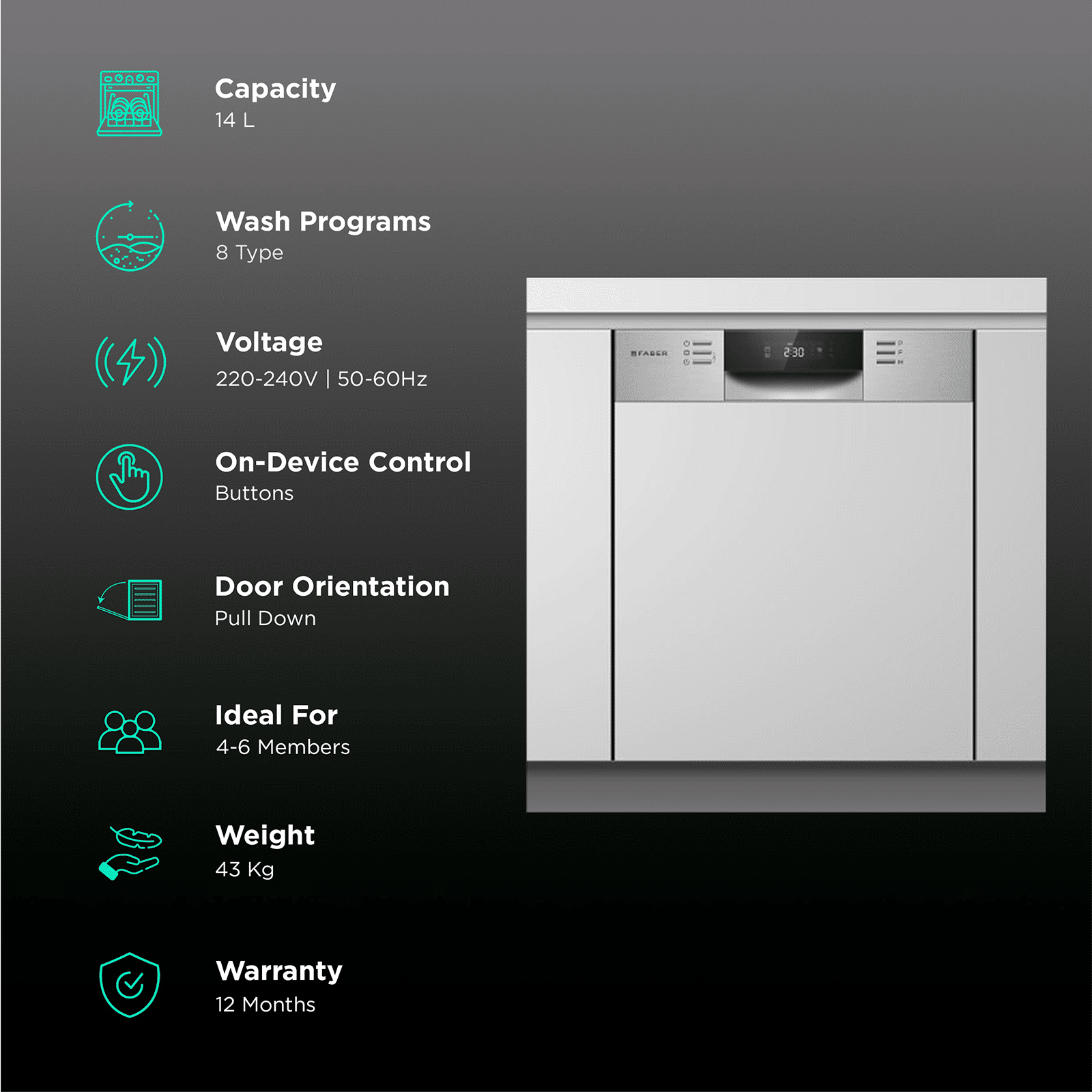 FABER FSID 8PR 14S 14 Place Settings Built-in Dishwasher with Salt & Rinse Aid Indicators (Stainless Steel) FABER FSID 8PR 14S 14 Place Settings Built-in Dishwasher with Salt & Rinse Aid Indicators (Stainless Steel)_3