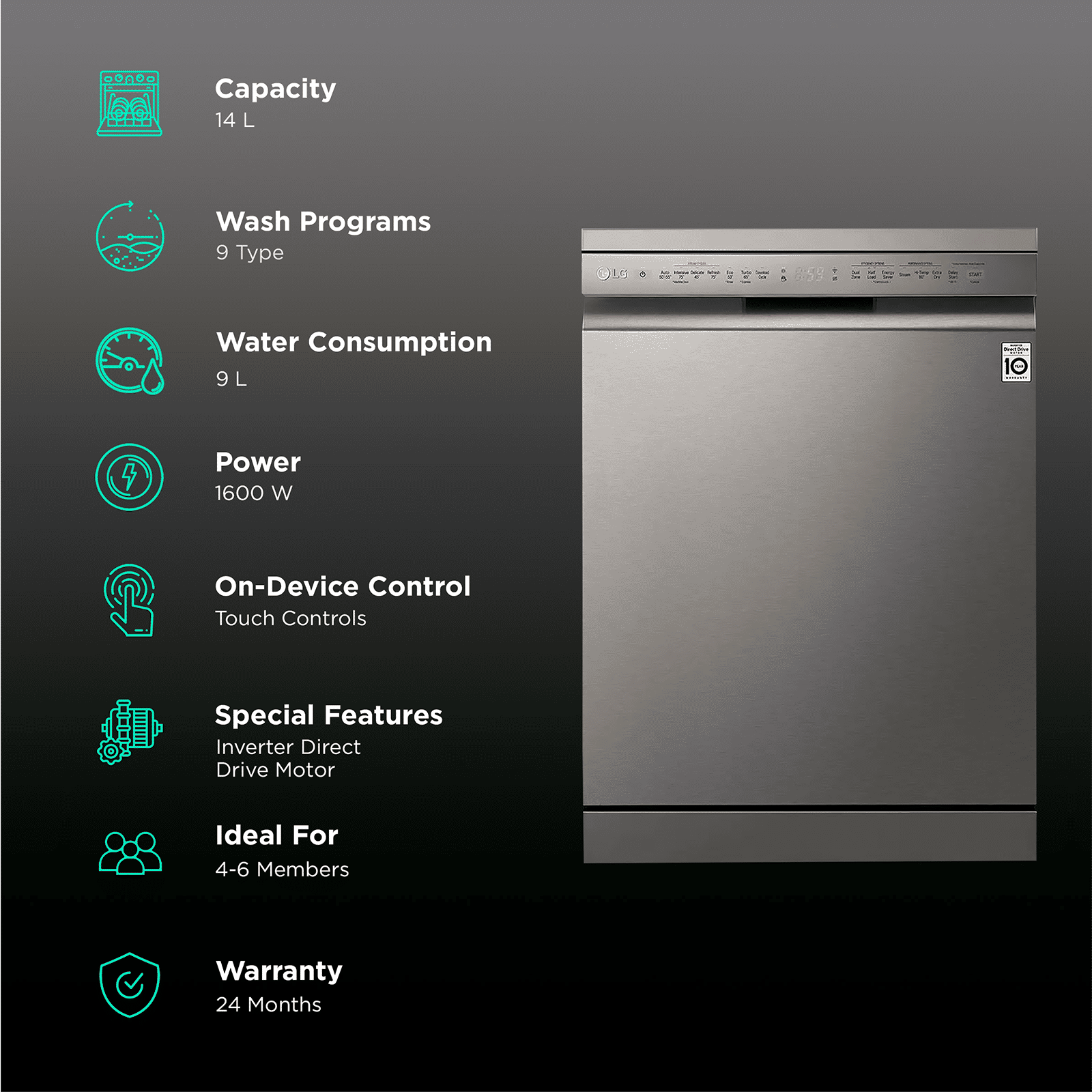 LG 14 Place Settings Free Standing Dishwasher with Inverter Direct Drive (No Pre-rinse Required, Silver)_3