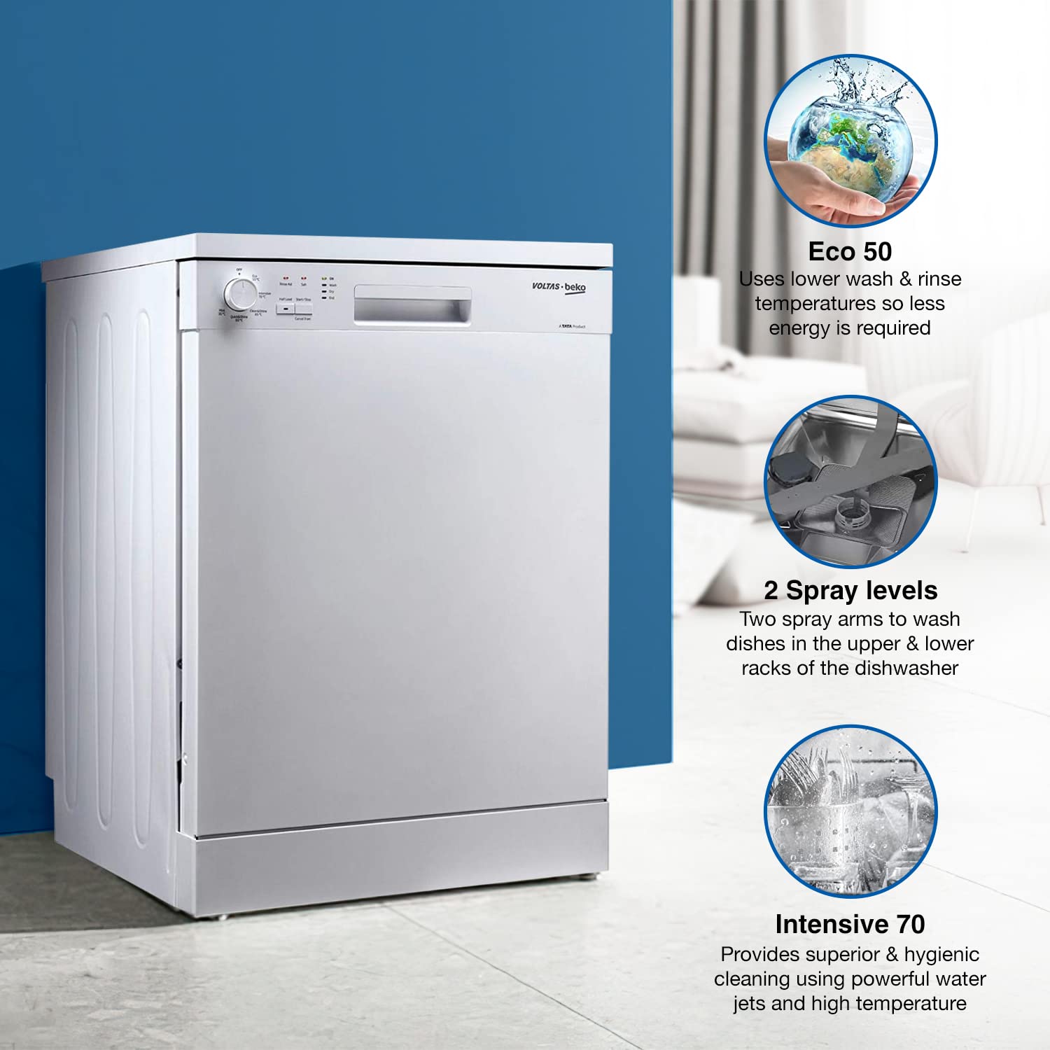 VOLTAS beko 14 Place Settings Free Standing Dishwasher with 2 Spray Levels (No Pre-rinse Required, White)_16