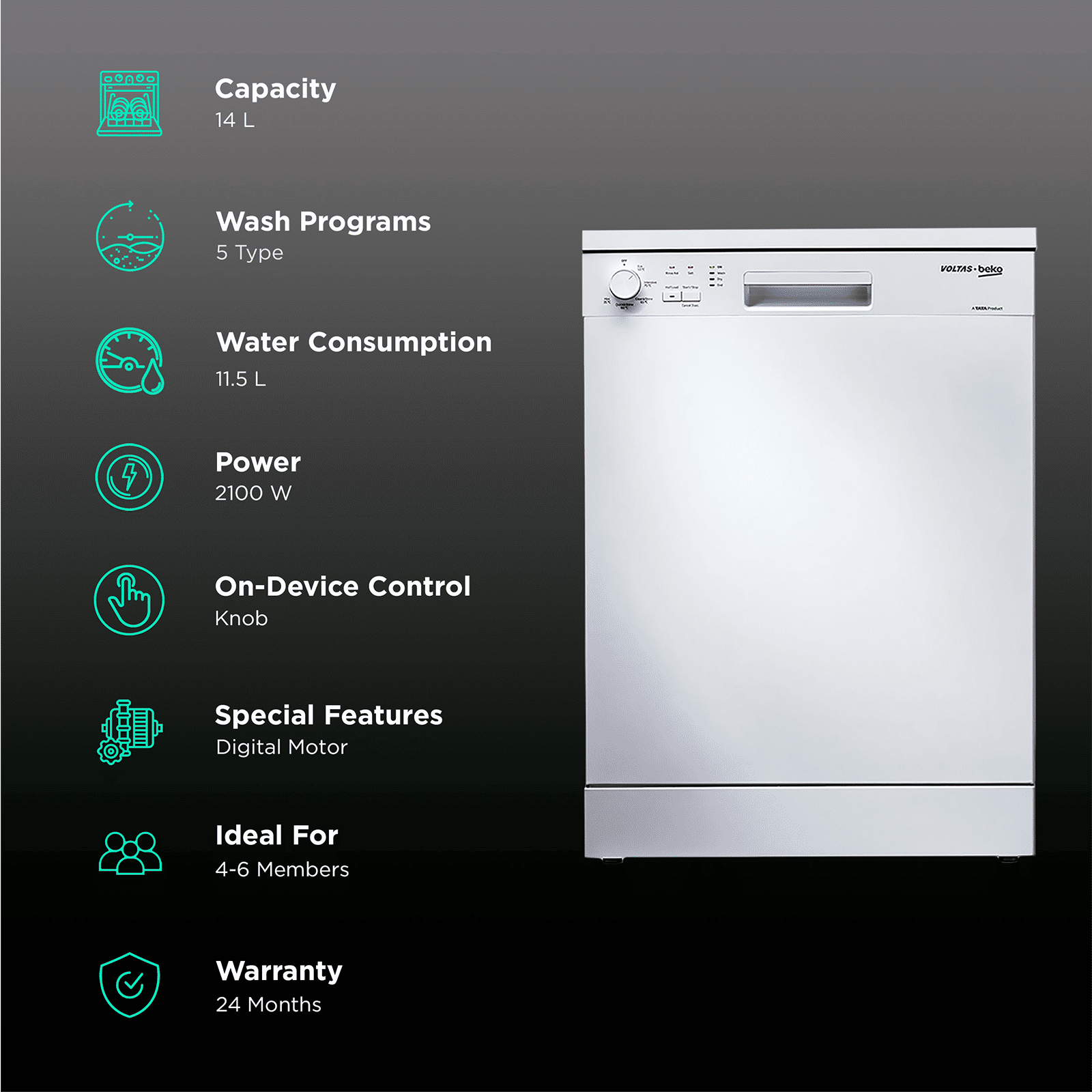 VOLTAS beko 14 Place Settings Free Standing Dishwasher with 2 Spray Levels (No Pre-rinse Required, White)_3