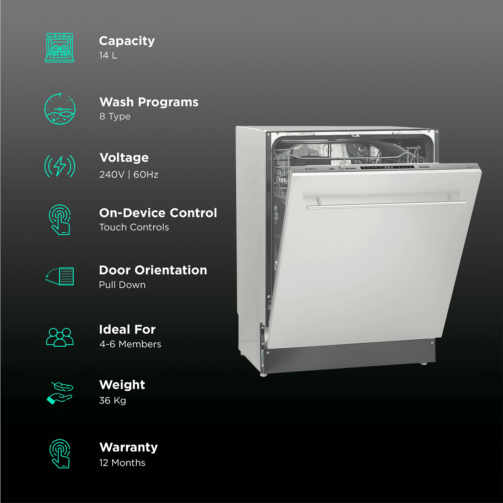 elica WQP12-7713M 14 Place Settings Built-in Dishwasher with Hidden Heating Element (Stainless Steel)_3