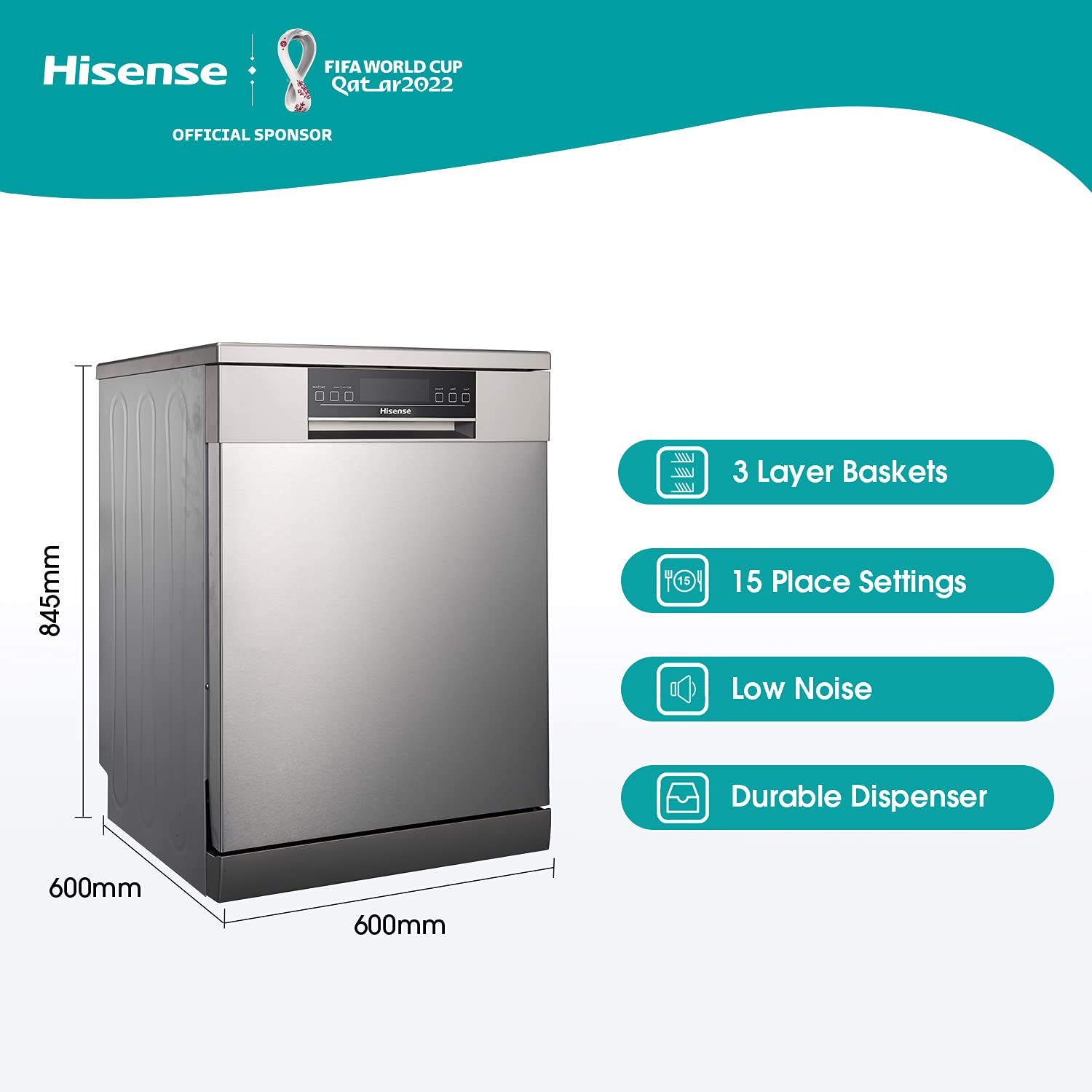 Hisense 15 Place Settings Free Standing Dishwasher with Silent Operation (Stainless Steel)_12