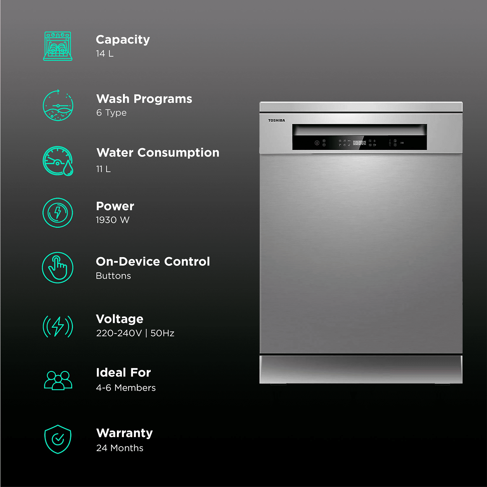 TOSHIBA 14 Place Settings Free Standing Dishwasher with Anti Bacterial Technology (Silver)_3