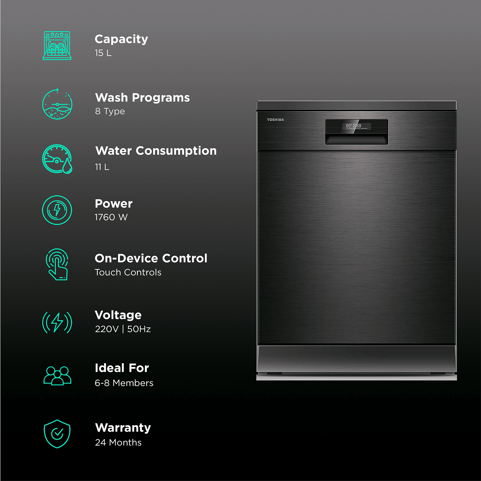 TOSHIBA 15 Place Settings Free Standing Dishwasher with Anti Bacterial Technology (Black)_3