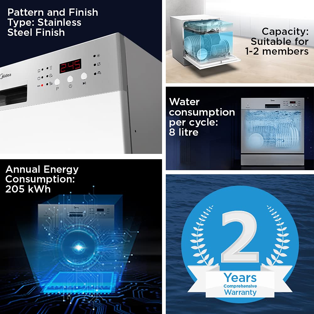 Midea 8 Place Settings Free Standing Dishwasher with Smart Power Off Memory (No Pre-rinse Required, Silver)_9