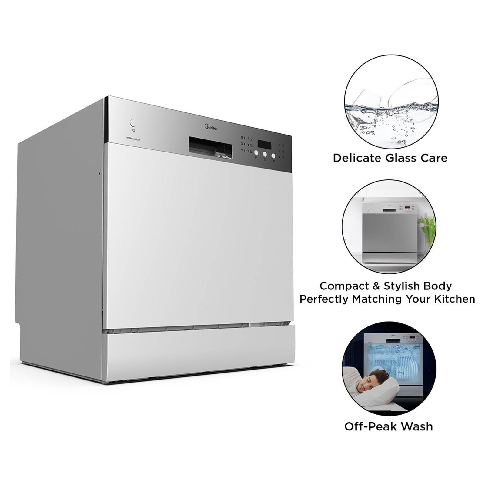 Midea 8 Place Settings Free Standing Dishwasher with Smart Power Off Memory (No Pre-rinse Required, Silver)_11