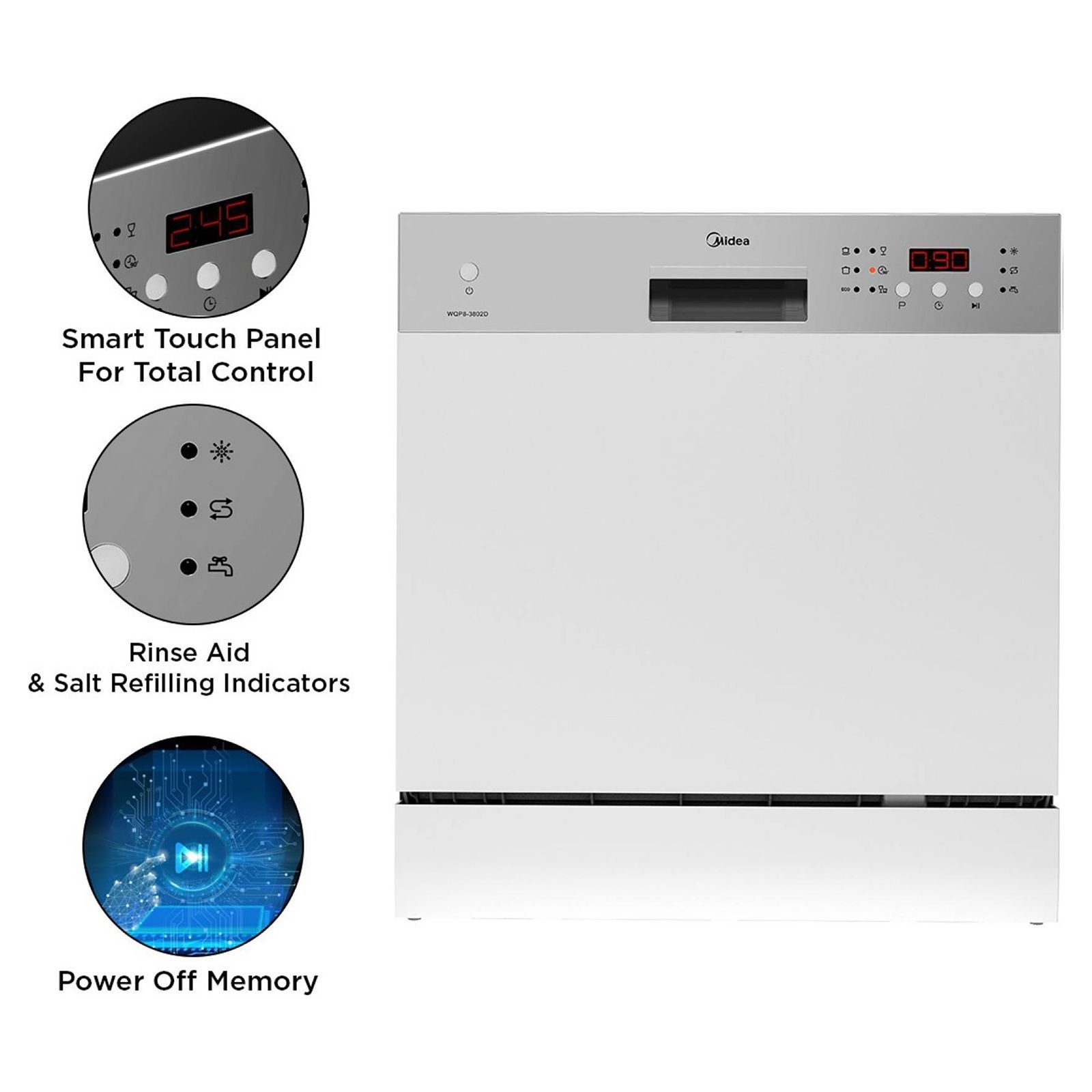 Midea 8 Place Settings Free Standing Dishwasher with Smart Power Off Memory (No Pre-rinse Required, Silver)_12