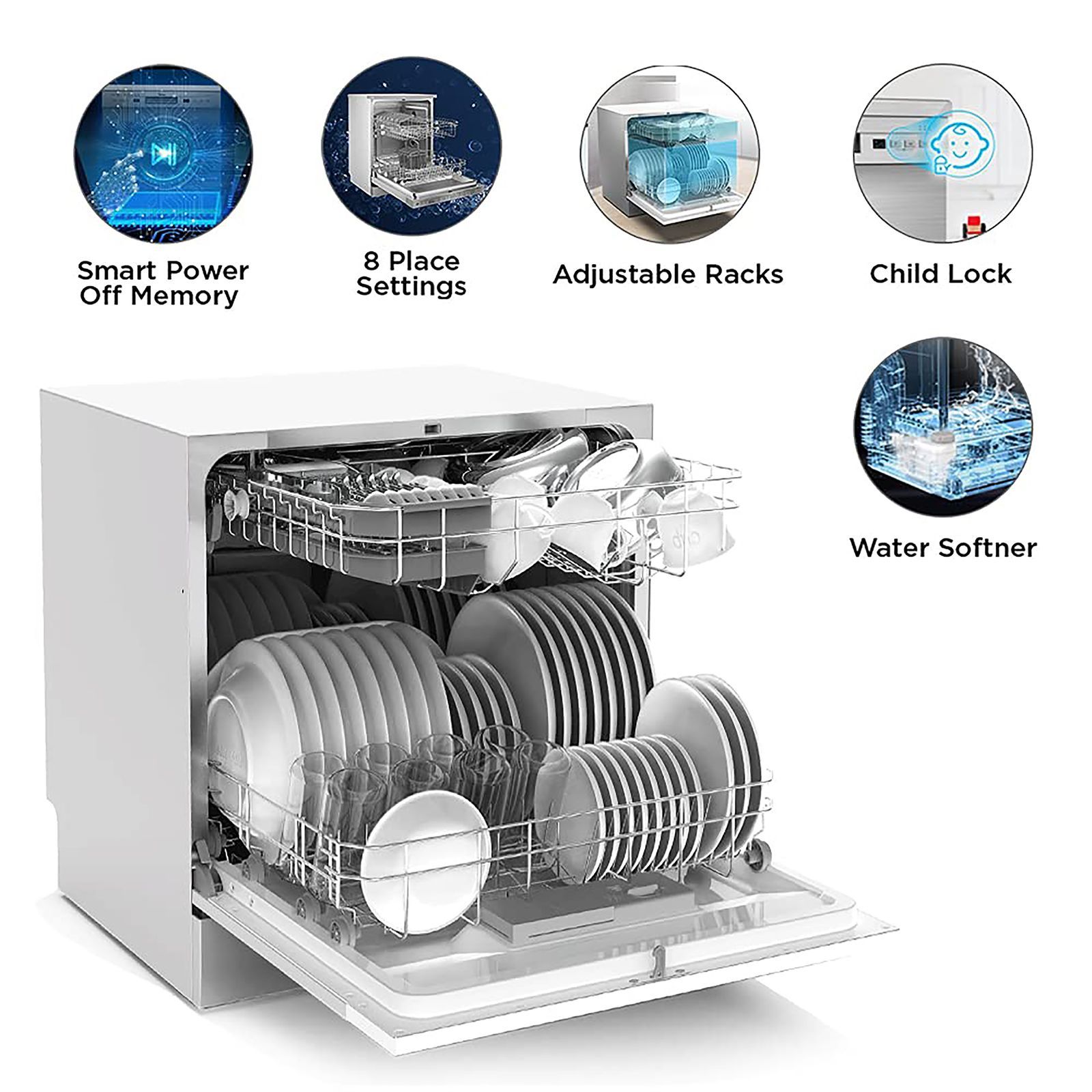 Midea 8 Place Settings Free Standing Dishwasher with Smart Power Off Memory (No Pre-rinse Required, Silver)_16