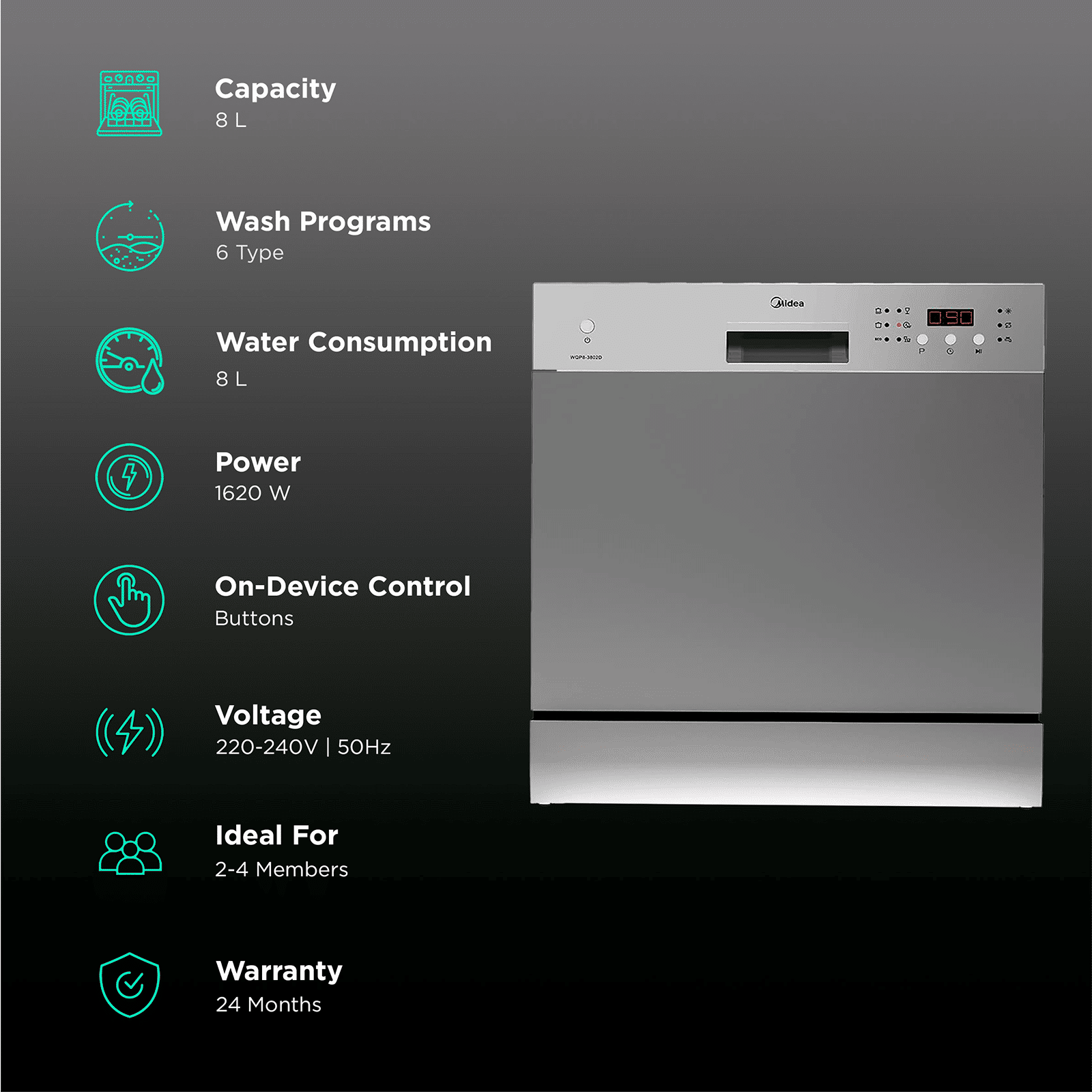 Midea 8 Place Settings Free Standing Dishwasher with Smart Power Off Memory (No Pre-rinse Required, Silver)_3