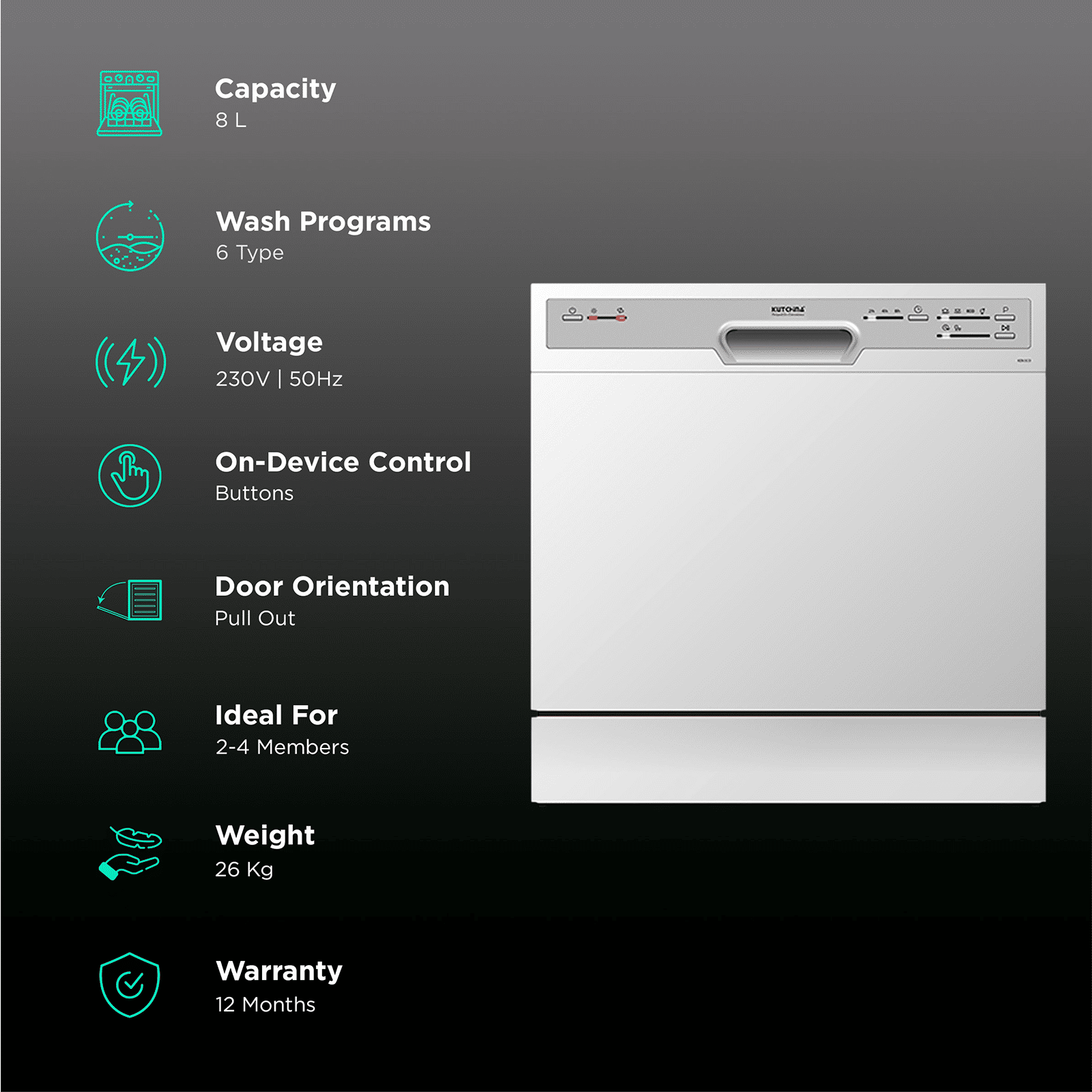Kutchina KEN ECO 8 Place Settings Free Standing Dishwasher with Delay Function (White)_3