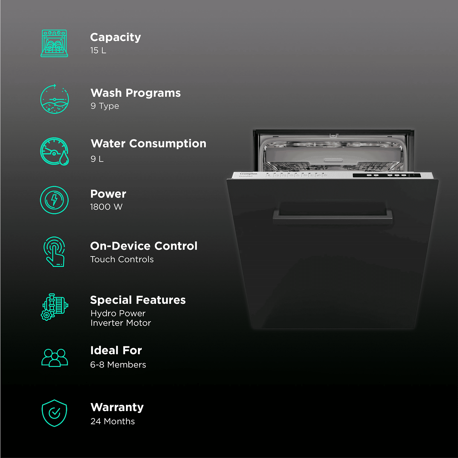 Crompton GrandArt 15 Place Settings Free Standing Dishwasher with Pure Beam Plus Technology (Black)_3