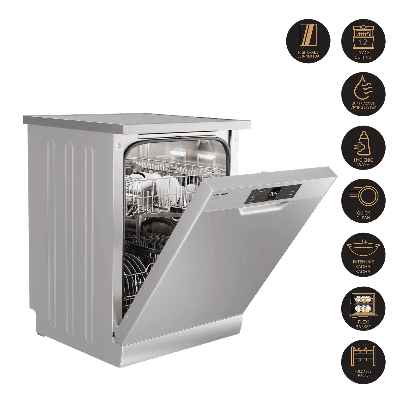 Crompton Voila 12 Place Settings Free Standing Dishwasher with Super Active Drying System (Dark Silver)_10