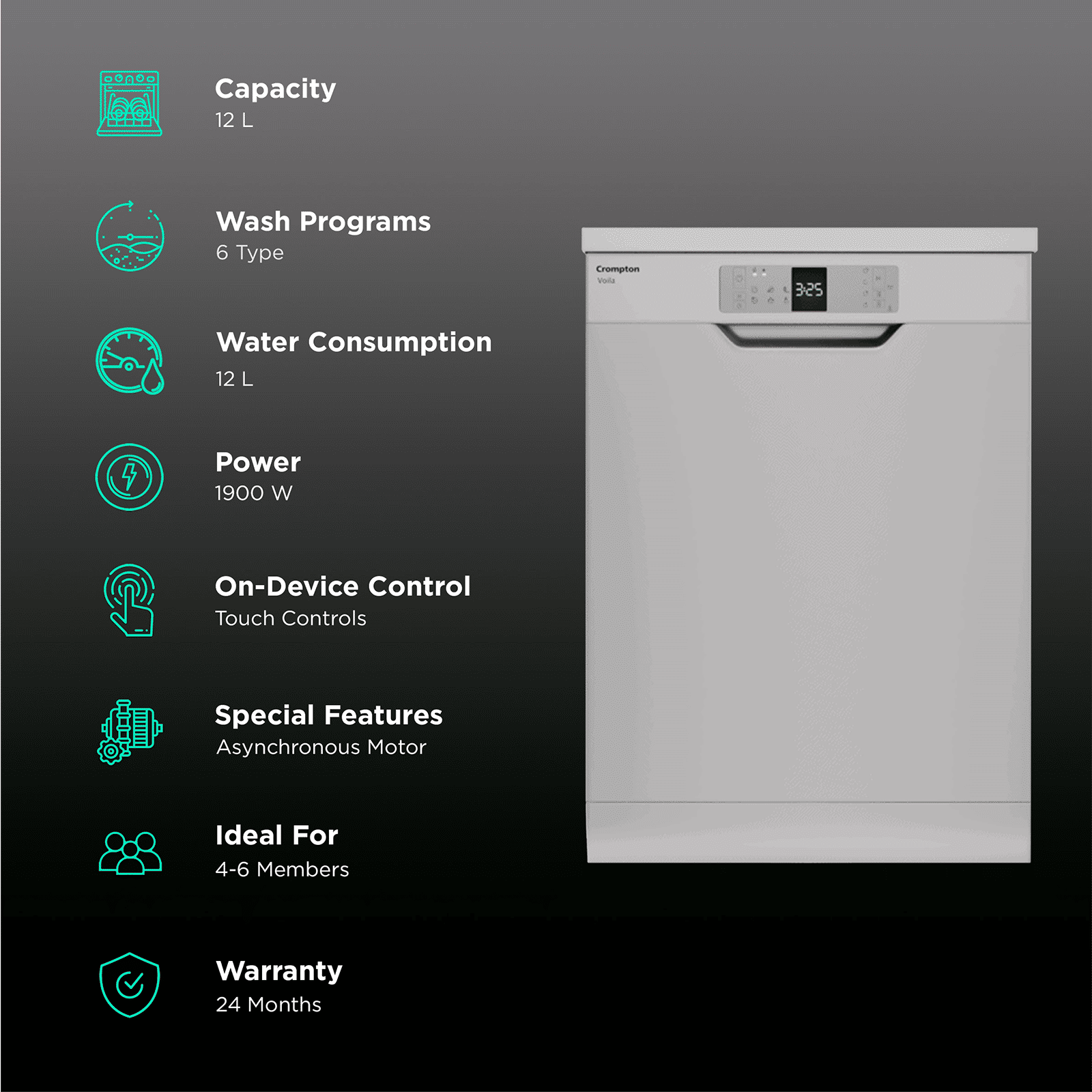 Crompton Voila 12 Place Settings Free Standing Dishwasher with Super Active Drying System (Dark Silver)_3