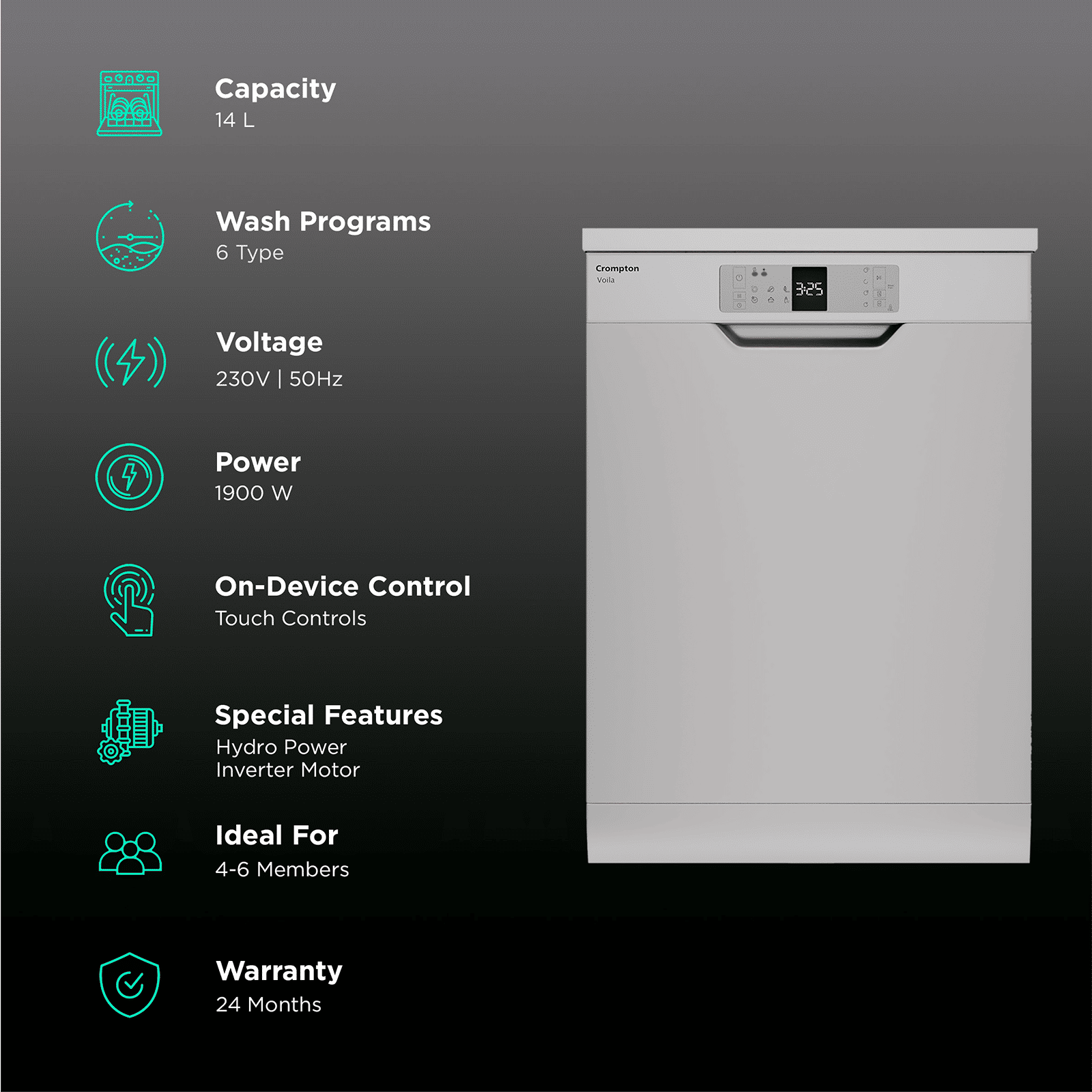 Crompton Voila 14 Place Settings Free Standing Dishwasher with Steam Wash (Dark Silver)_3