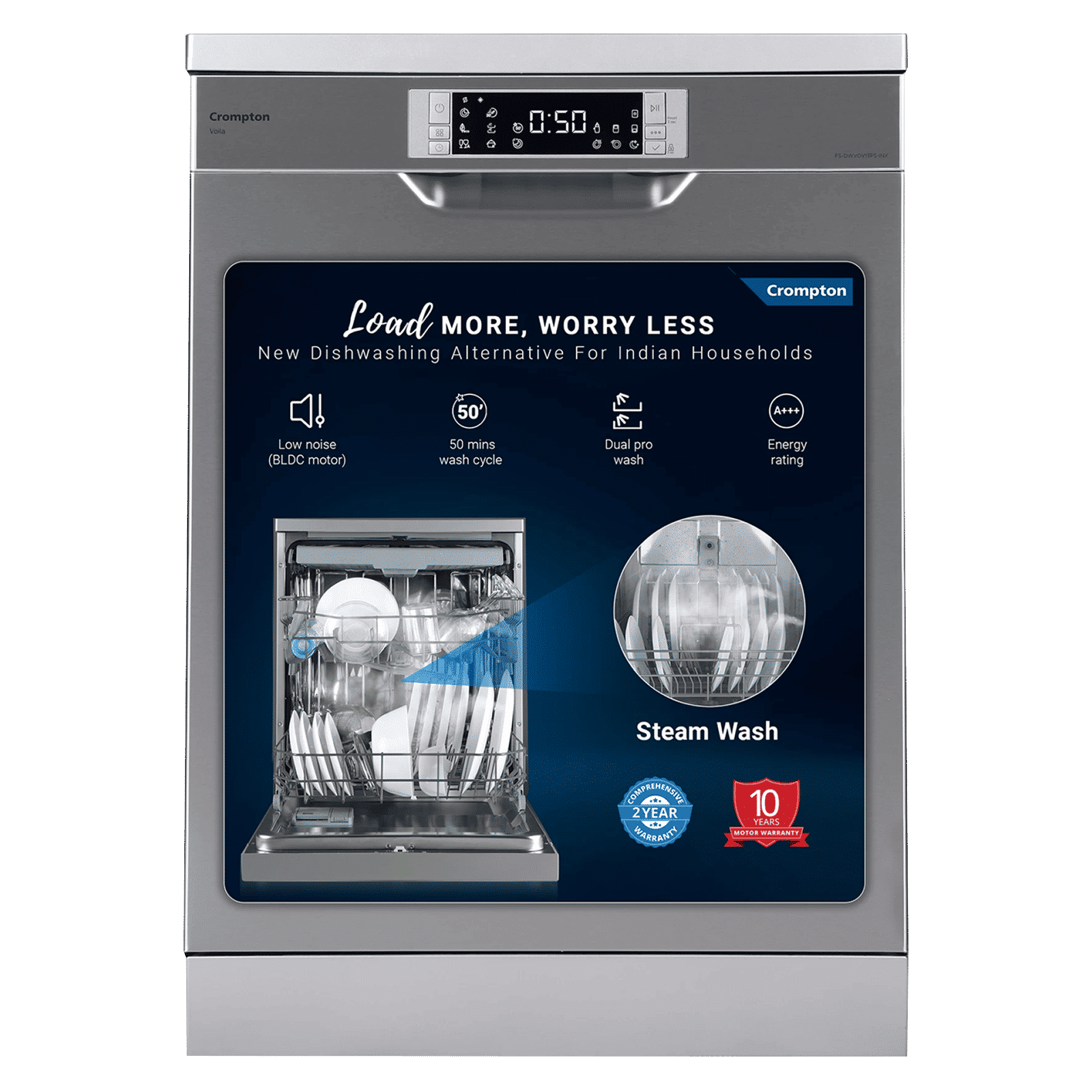 Crompton Voila 13 Place Settings Free Standing Dishwasher with Direct Triple Wash Technology (Silver Inox)_1