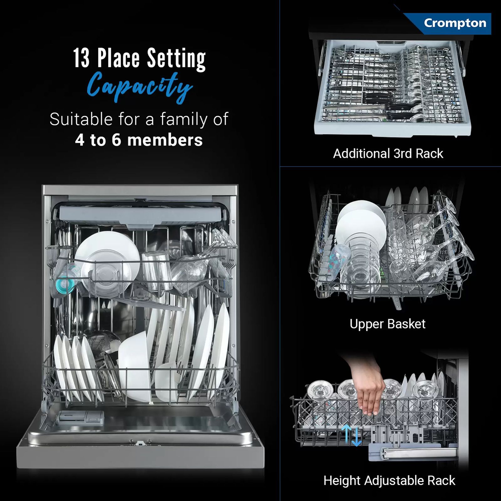 Crompton Voila 13 Place Settings Free Standing Dishwasher with Direct Triple Wash Technology (Silver Inox)_9