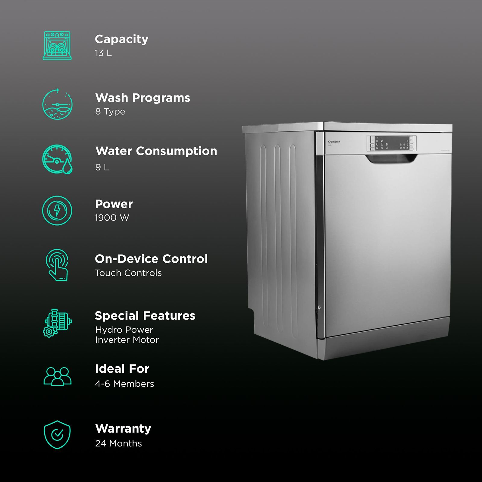 Crompton Voila 13 Place Settings Free Standing Dishwasher with Direct Triple Wash Technology (Silver Inox)_3