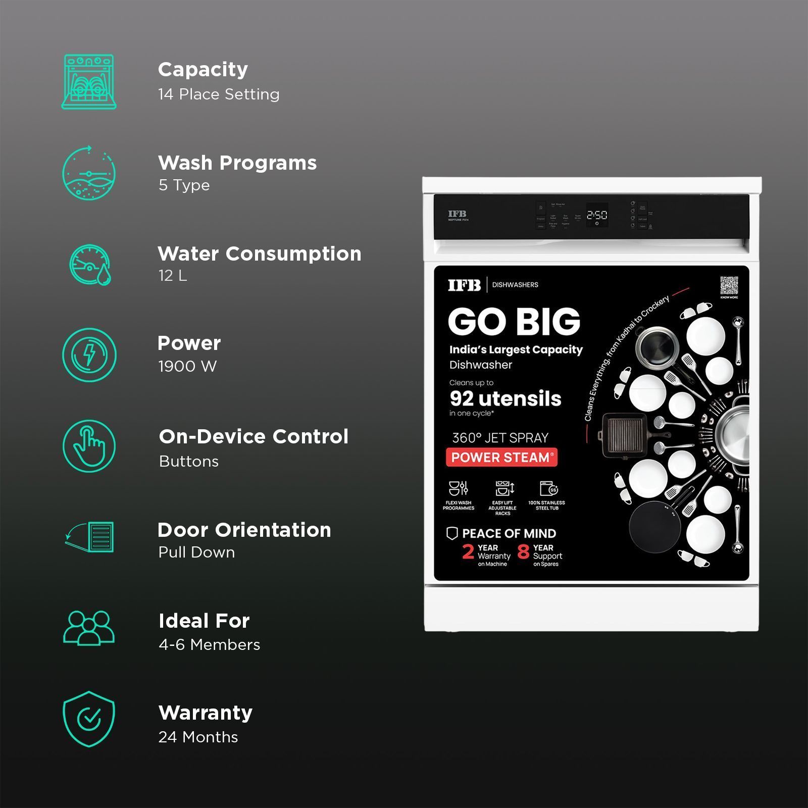 IFB Neptune FX 14 Place Settings Free Standing Dishwasher with 360 Jet wash Triple Arm Spray (No Pre-rinse Required, White)_3