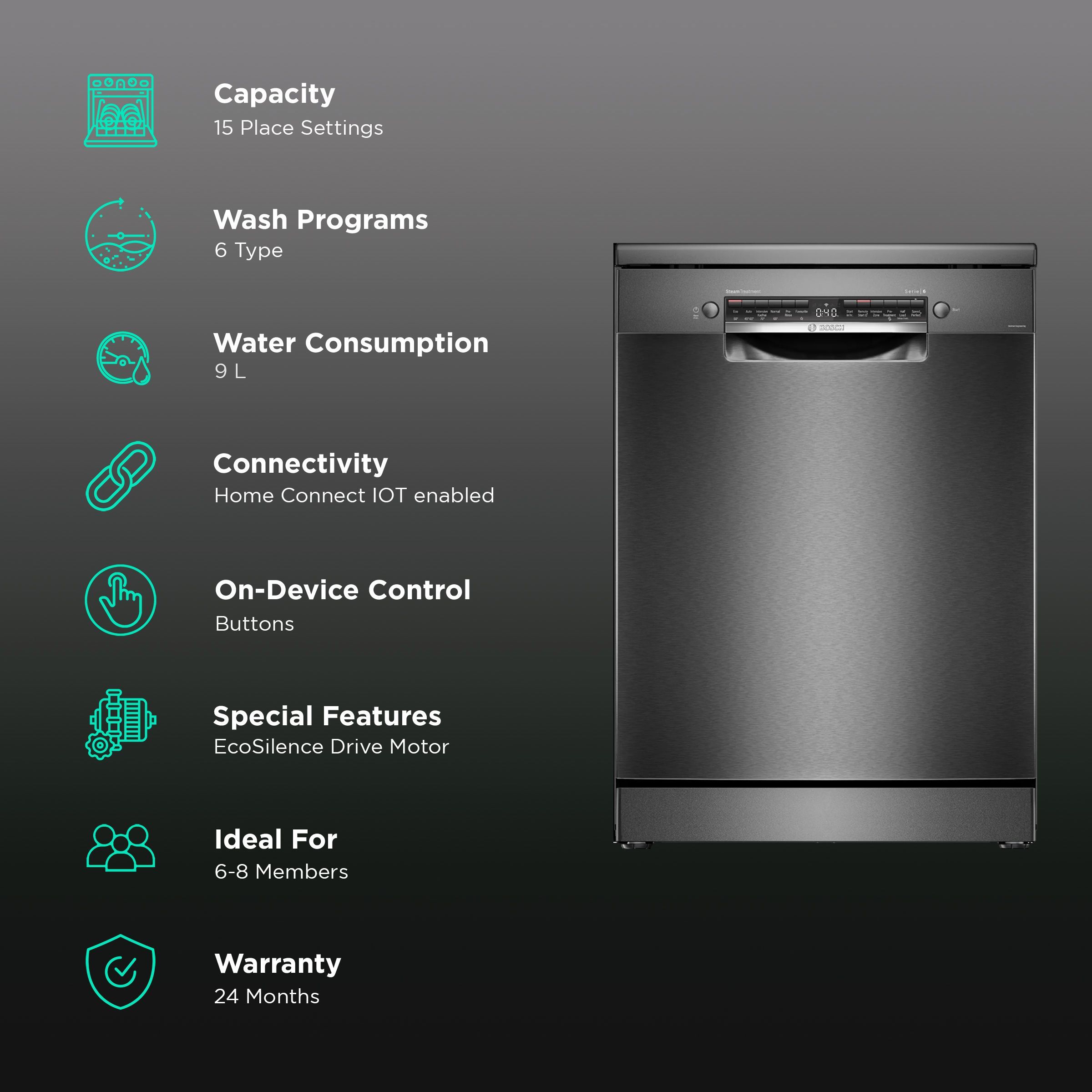BOSCH Series 6 15 Place Settings Free Standing Dishwasher with Anti-Fingerprint (No Pre-rinse Required, Black Inox)_2
