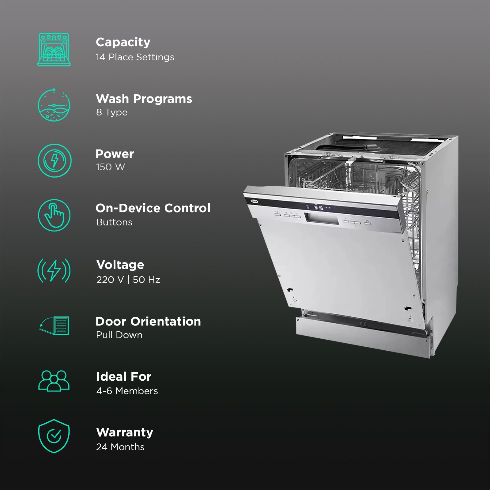 KAFF KDW BIN 60 Intra 14 Place Settings Built-in Dishwasher with Three Stage Filtration (No Pre-rinse Required, Stainless Steel)_3