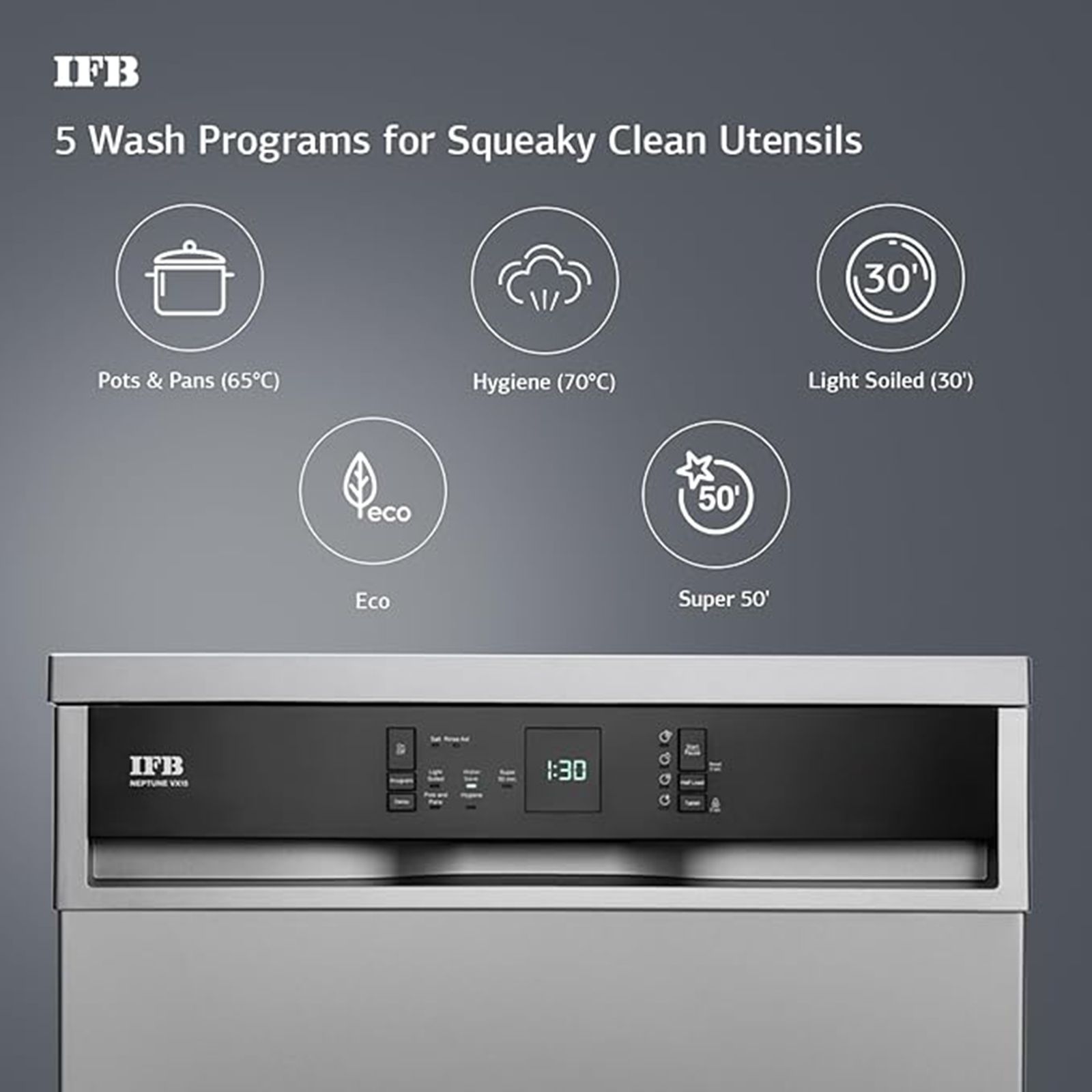 IFB Neptune VX15 15 Place Settings Free Standing Dishwasher with 70°C Hot Water Wash (No Pre-rinse Required, Dark Silver)	_11